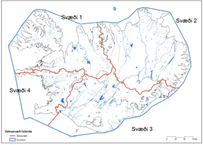 Kort: Vatnasvæði Íslands, svæði 1-4