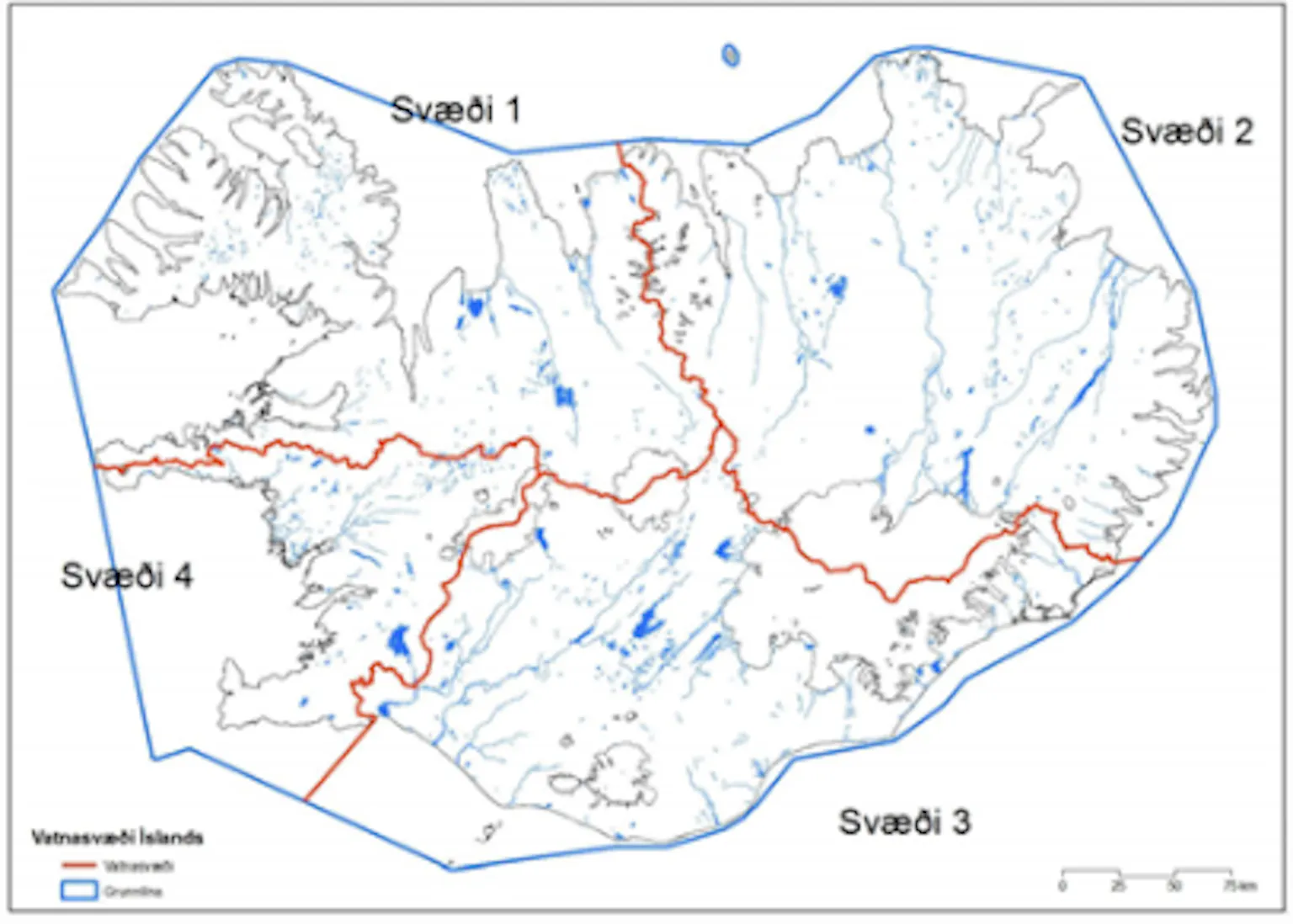Kort: Vatnasvæði Íslands, svæði 1-4