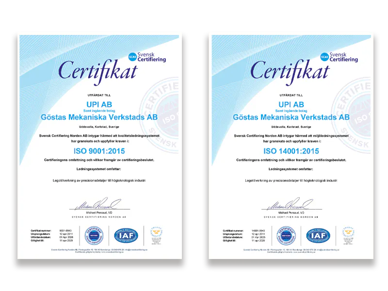 UPI är certifierade enligt ISO 9001:2015 och ISO 14001:2015