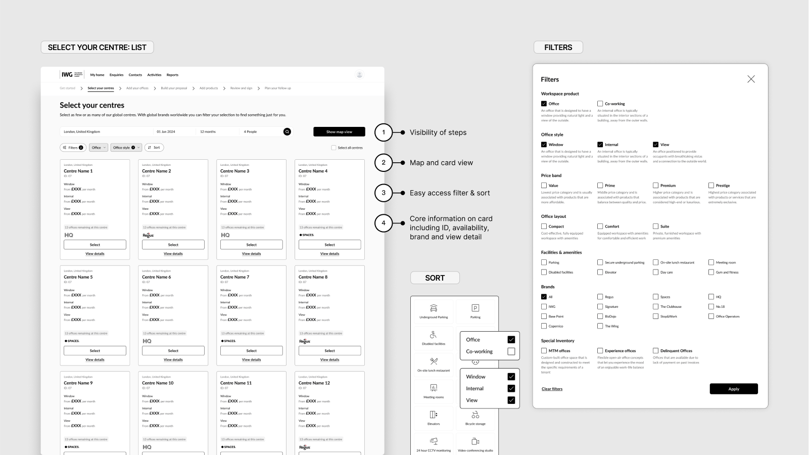 Centre Selection, filters and sort by