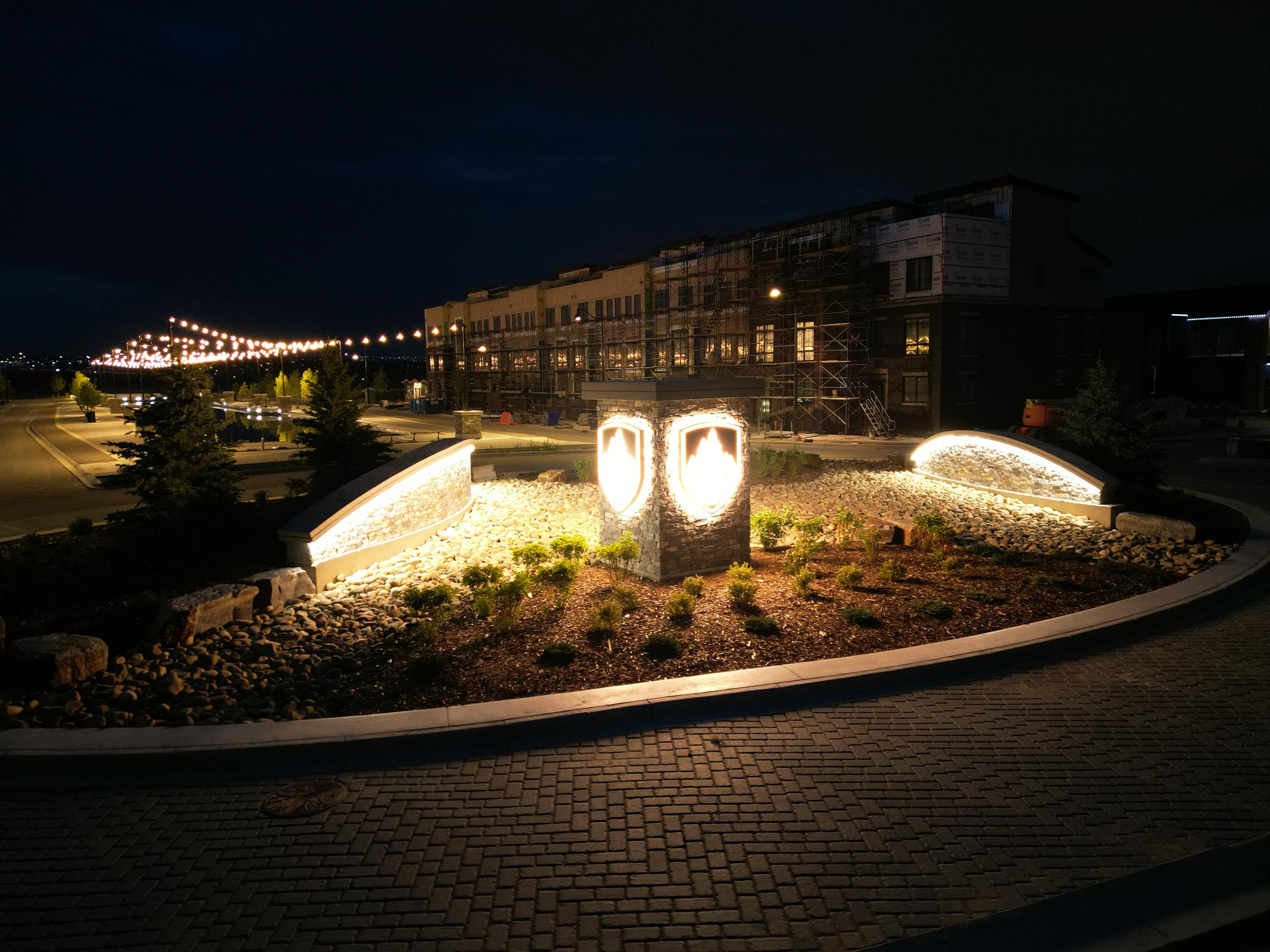 Entry feature of Upper Greenwich at night