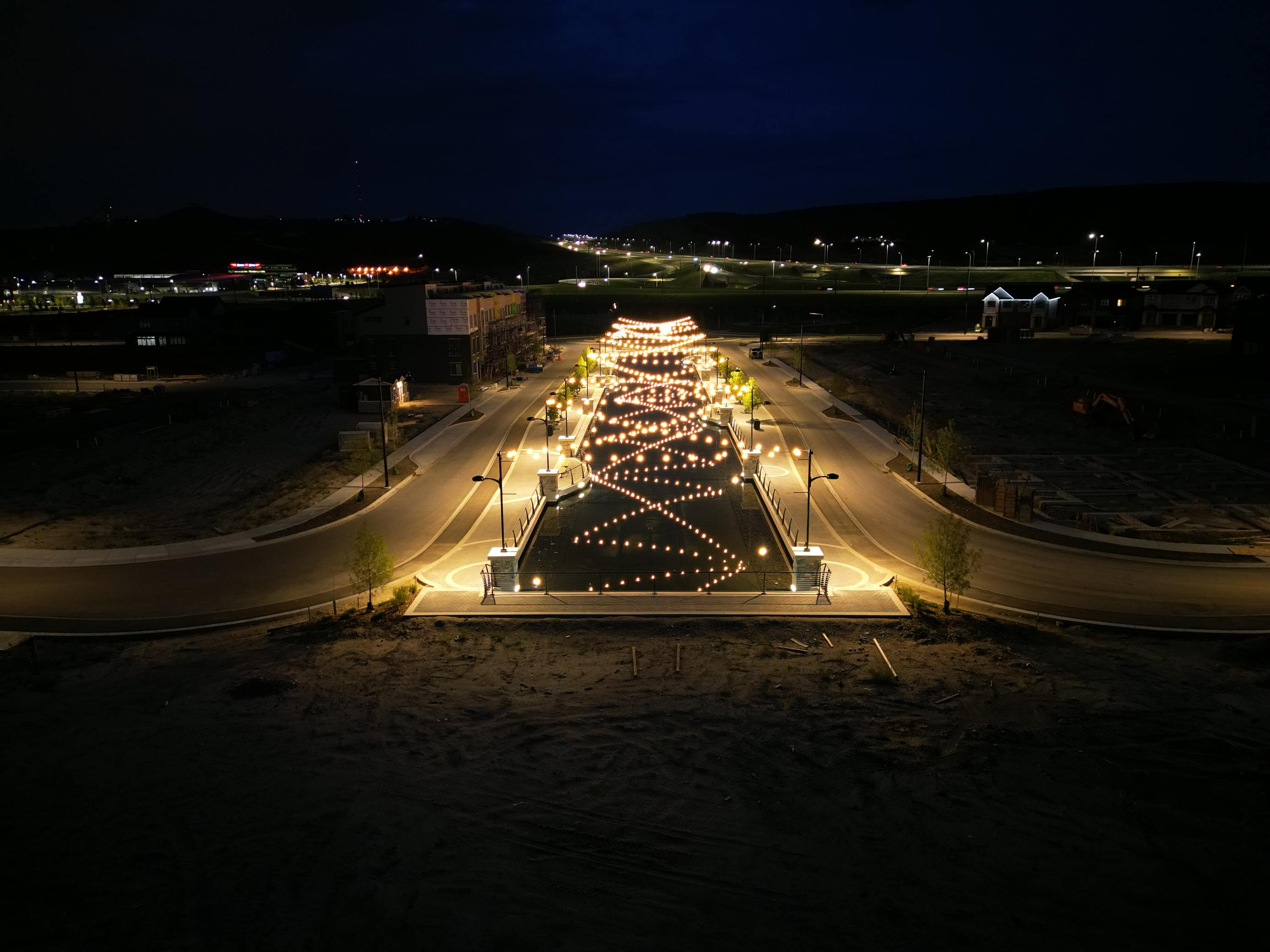 Night shot of the waterfront canal lit up