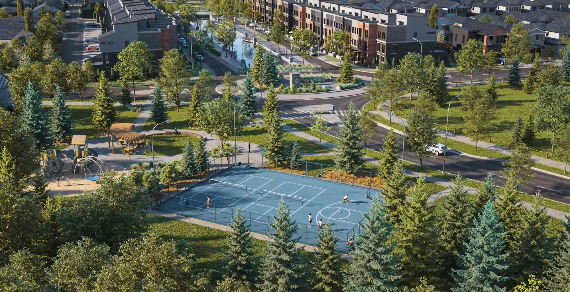 Upper Greenwich aerial view of sport courts, water canal and new homes