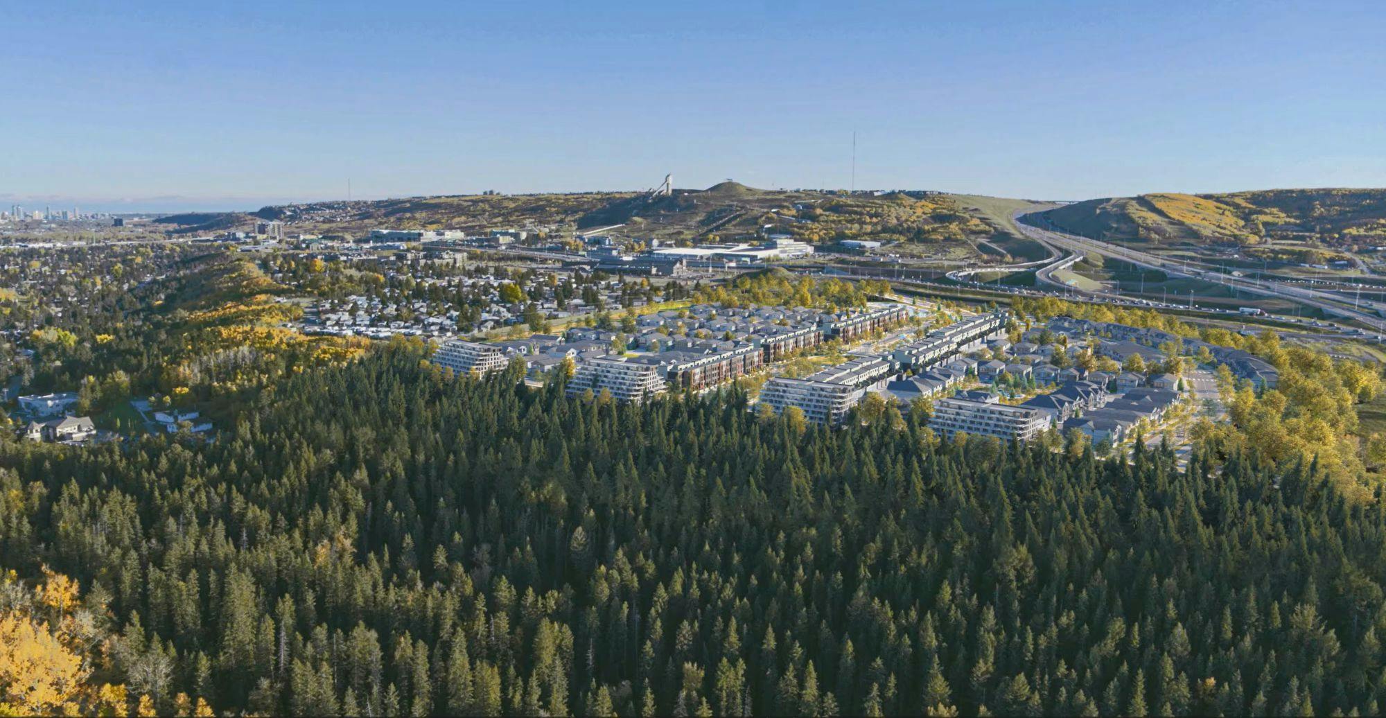 Aerial view of the community of Upper Greenwich, shows the trees in the river valley and renders of the future homes