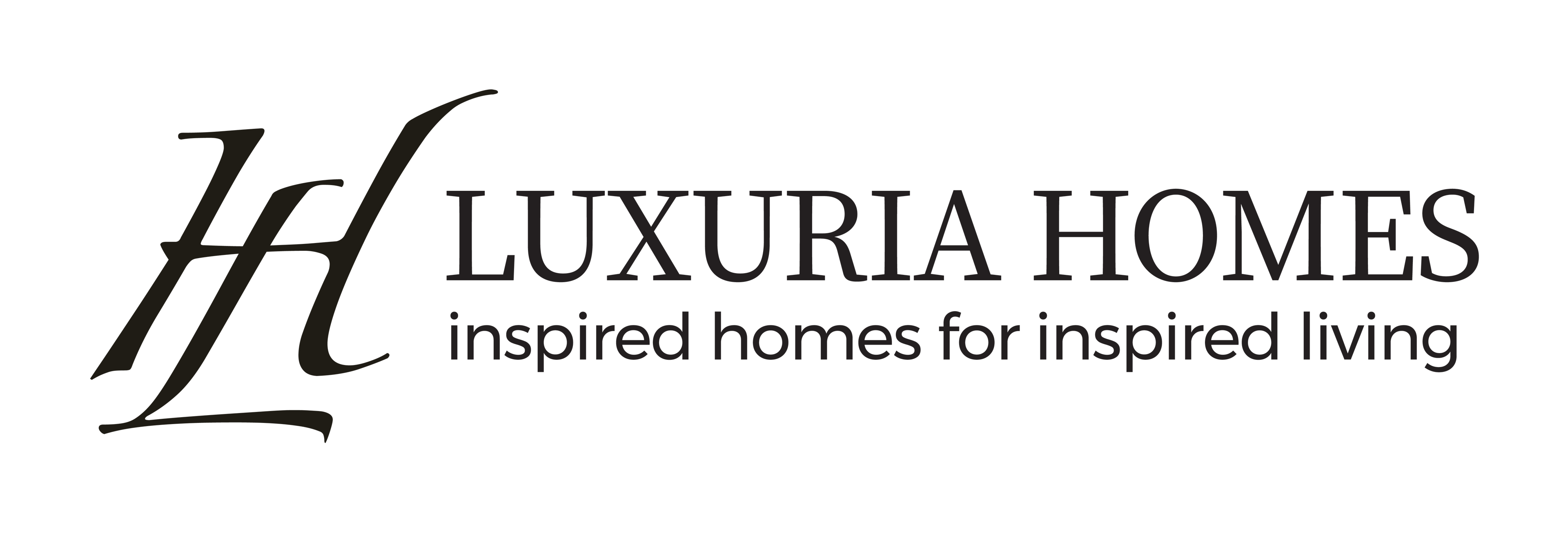 Luxuria Homes logo in black on a transparent background, with text reading 'inspired homes for inspired living' set below the company name.