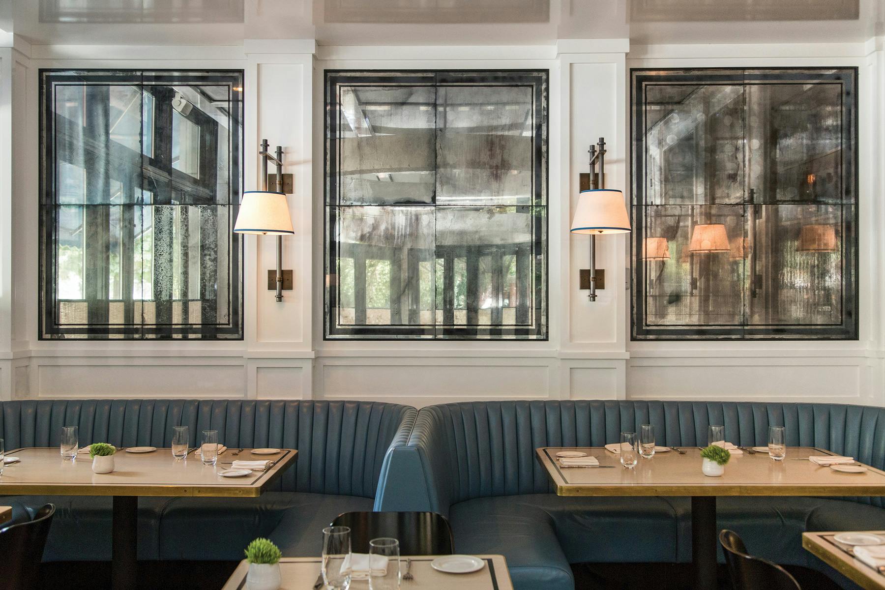 Downing shown in blackened pewter finish with antique brass accents and a custom linen shade, modified. Interiors by Steven Gambrel as seen in Cafe Clover, New York, New York.
