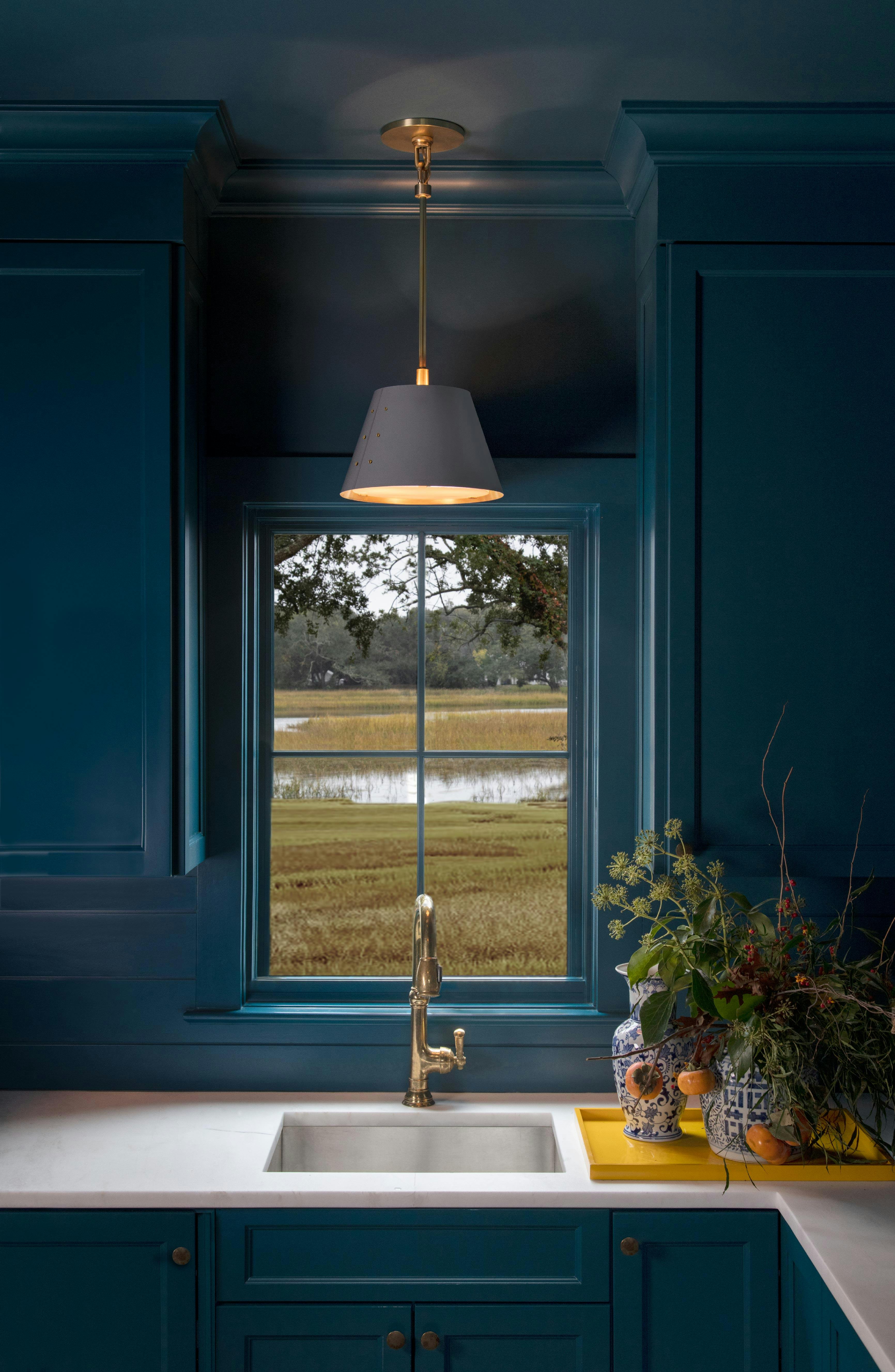 Chiltern Single shown in hewn brass finish with RAL #7045 Telegray accents and hewn brass interior. Interiors by Sidney Wagner.