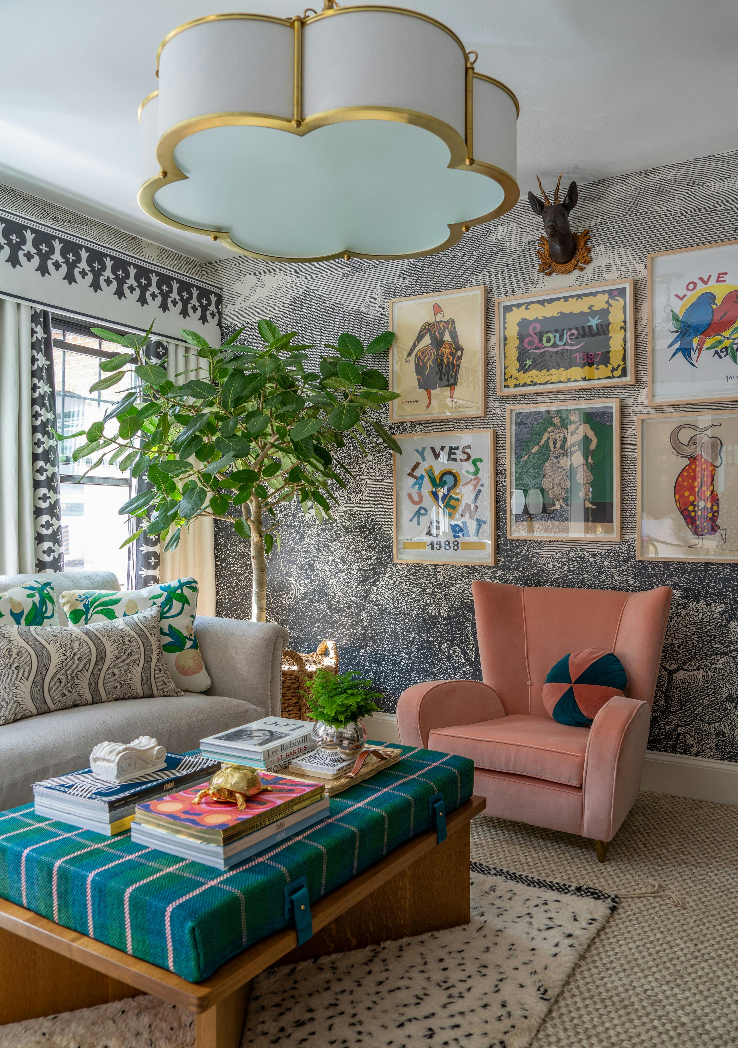 Betty Shaded Pendant shown in hewn brass lacquered finish with hewn brass lacquered accents, a white linen shade and etched glass. Interiors by Liz Caan & Co. Photography by Eric Roth.