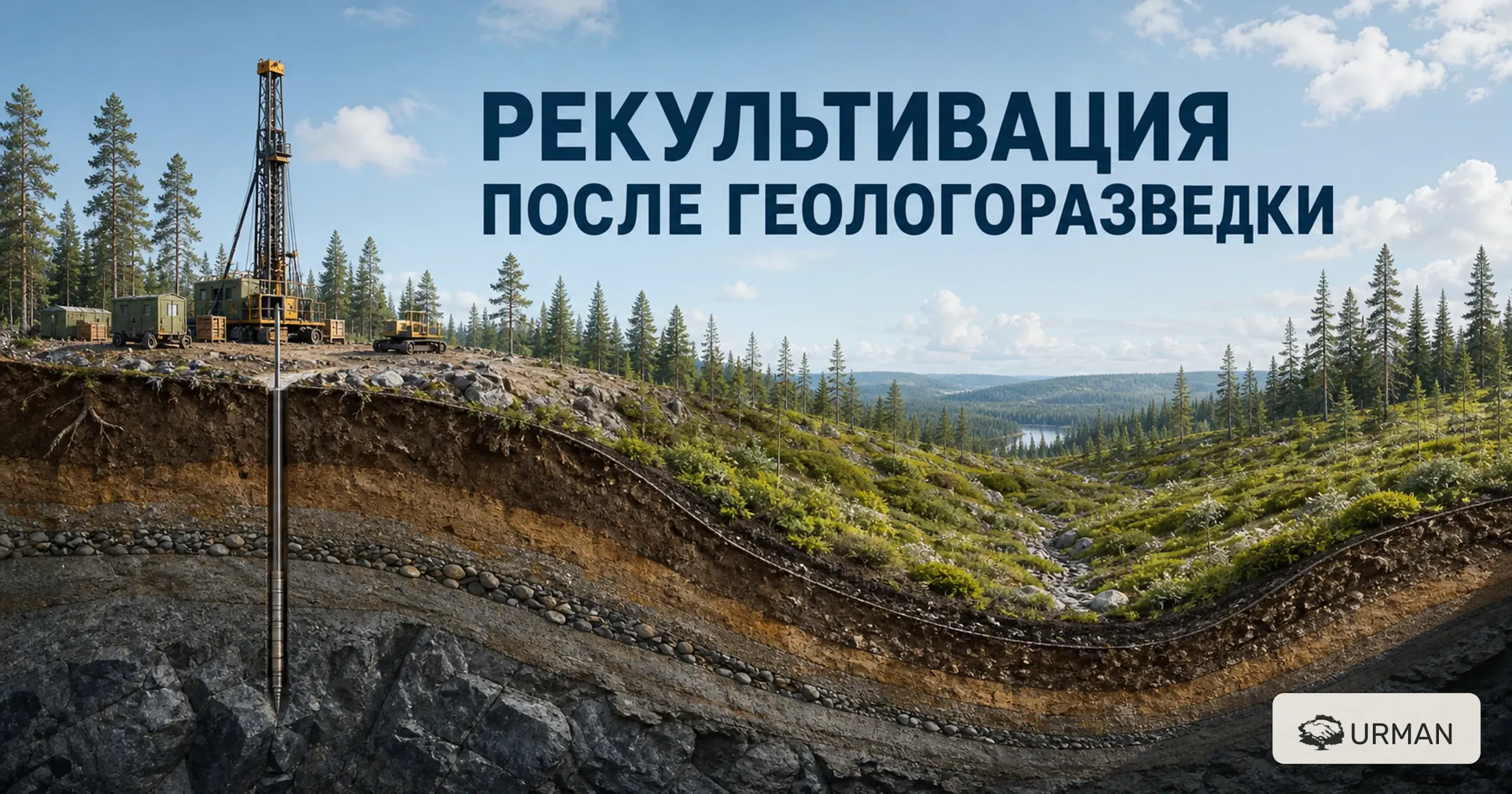 Разрез грунта, буровая площадка и восстановленная территория после геологоразведки