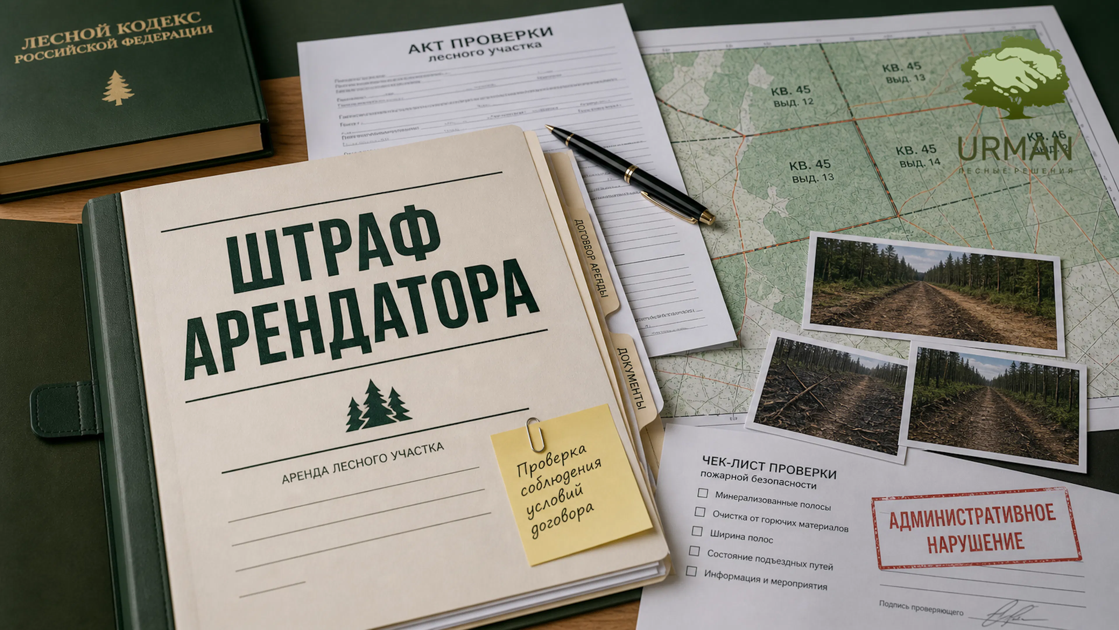 Папка арендатора, акт проверки, карта лесного участка, чек-лист и фотофиксация для статьи о штрафе арендатора