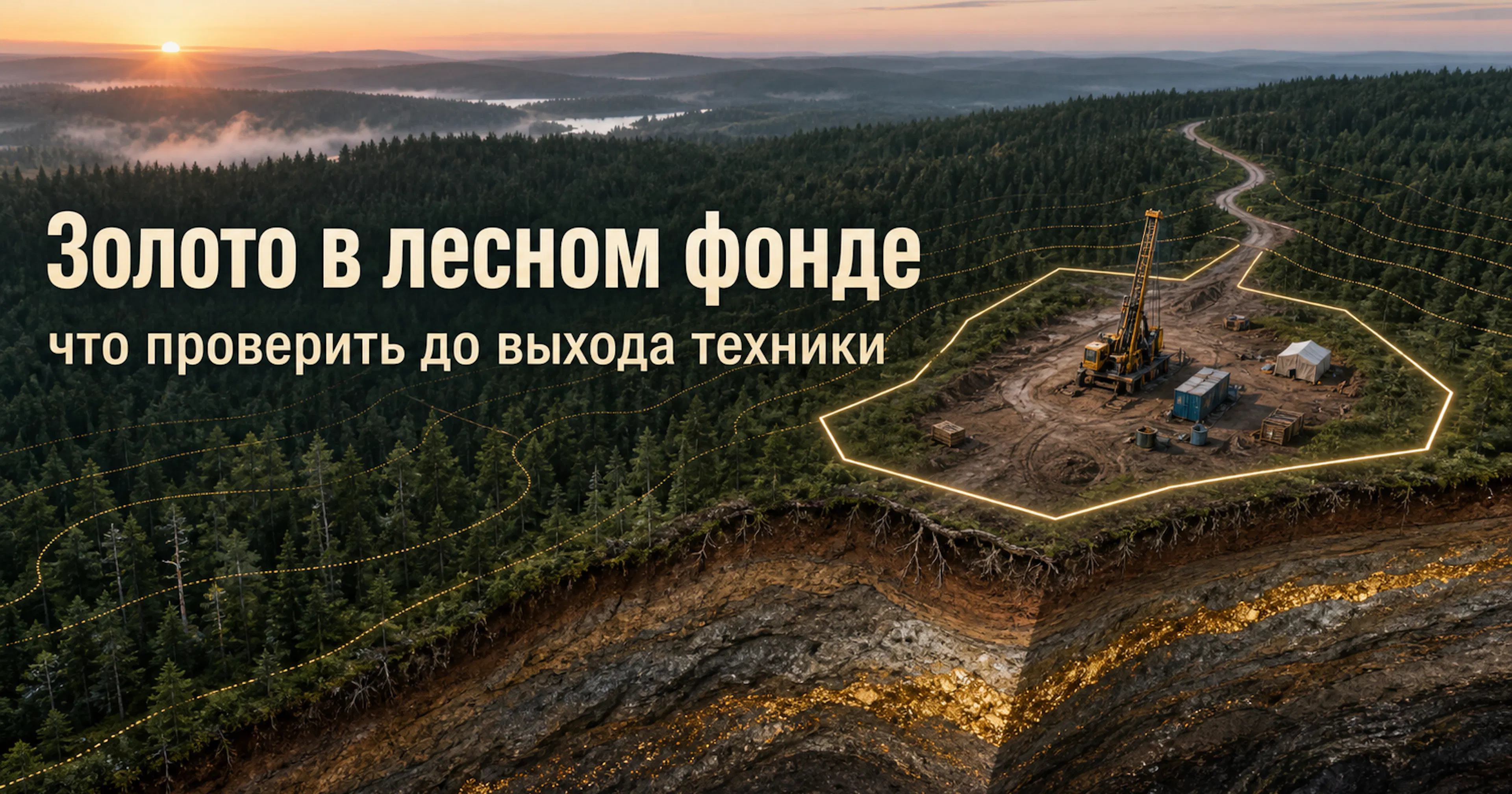 Золото в лесном фонде: буровая установка, подъезд и границы работ до выхода техники.