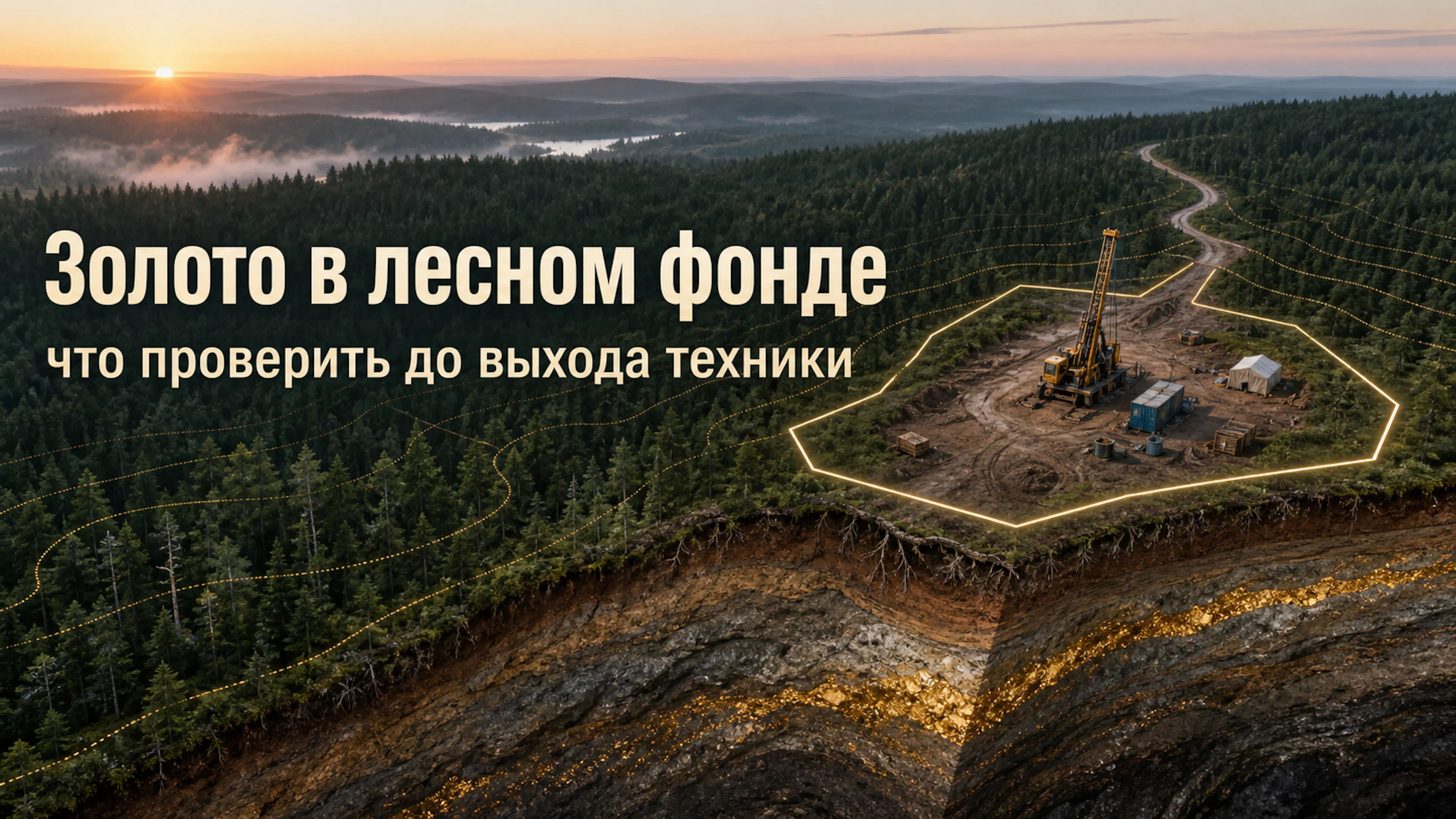 Золото в лесном фонде: буровая установка, подъезд и границы работ до выхода техники.