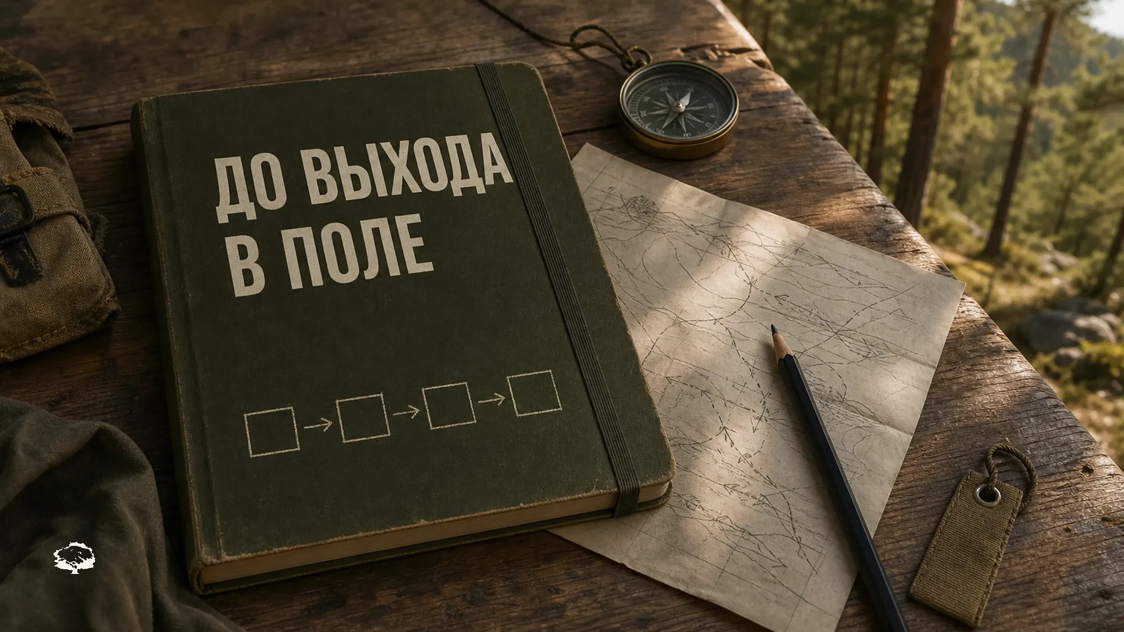 Полевой блокнот с надписью «До выхода в поле», компасом, схемой маршрута и настоящим знаком дерева URMAN.