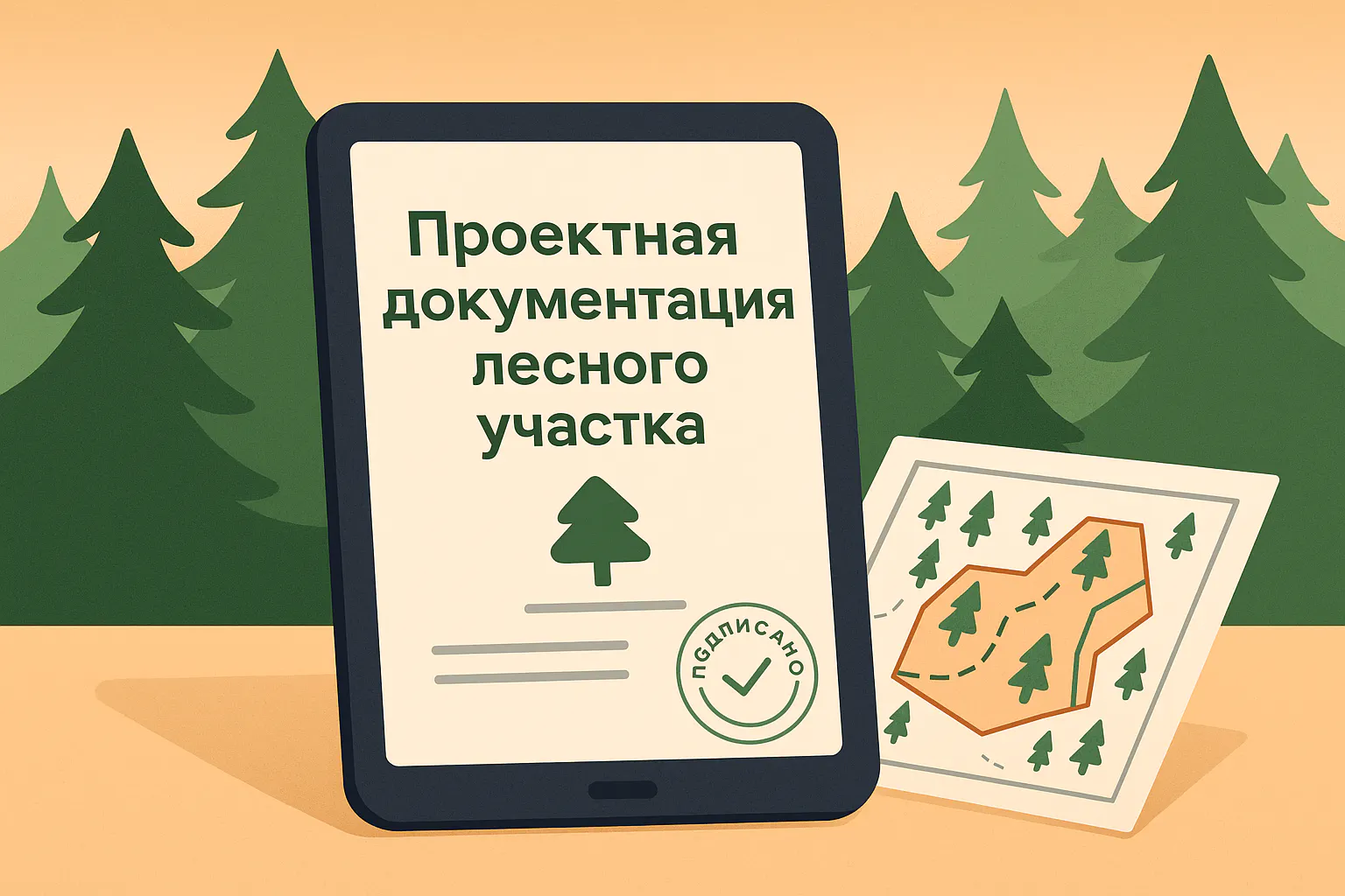 Электронный документ «Проектная документация лесного участка» на планшете и карта участка