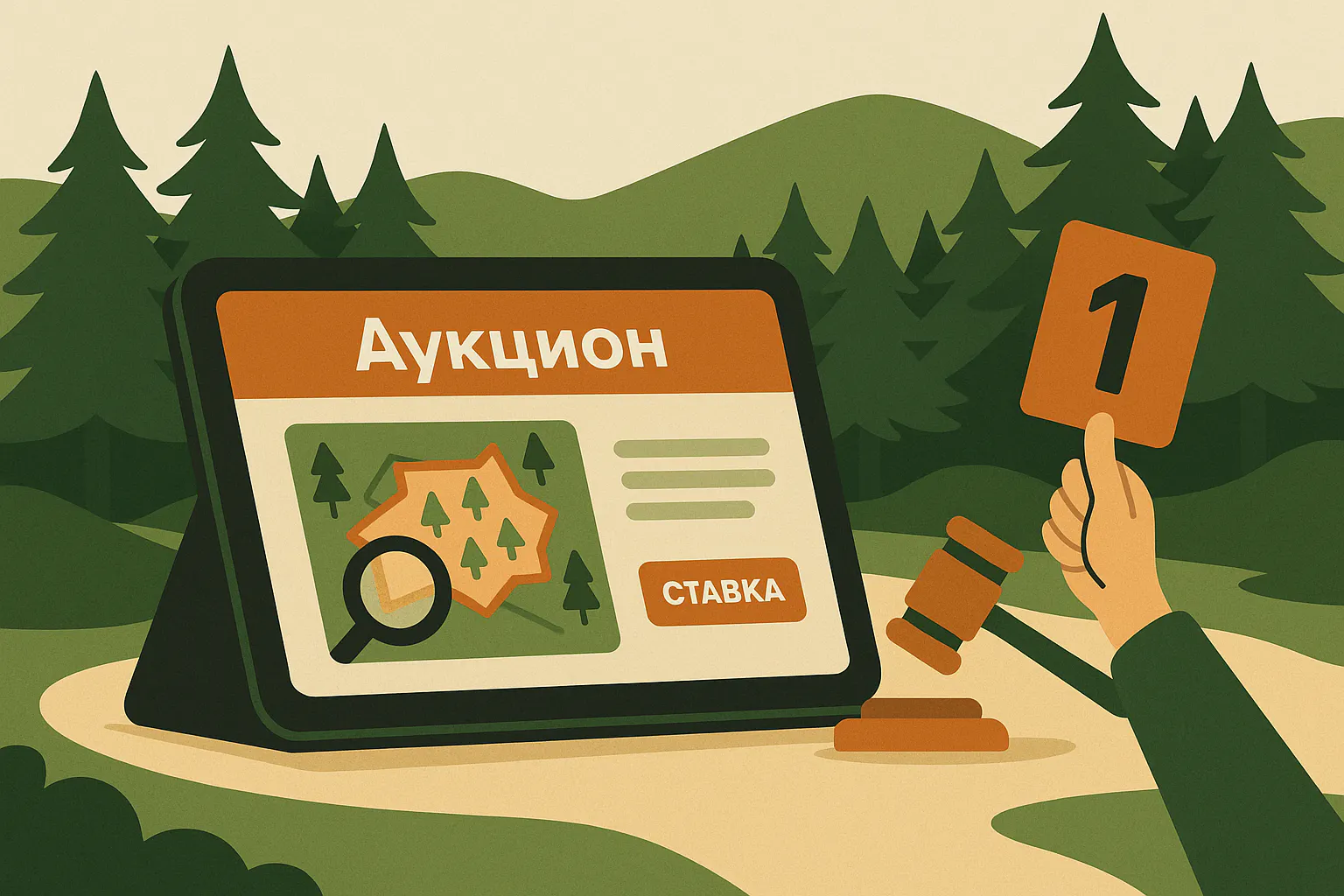 Онлайн-аукцион лесного участка на планшете, поднятая ставка и лесной фон