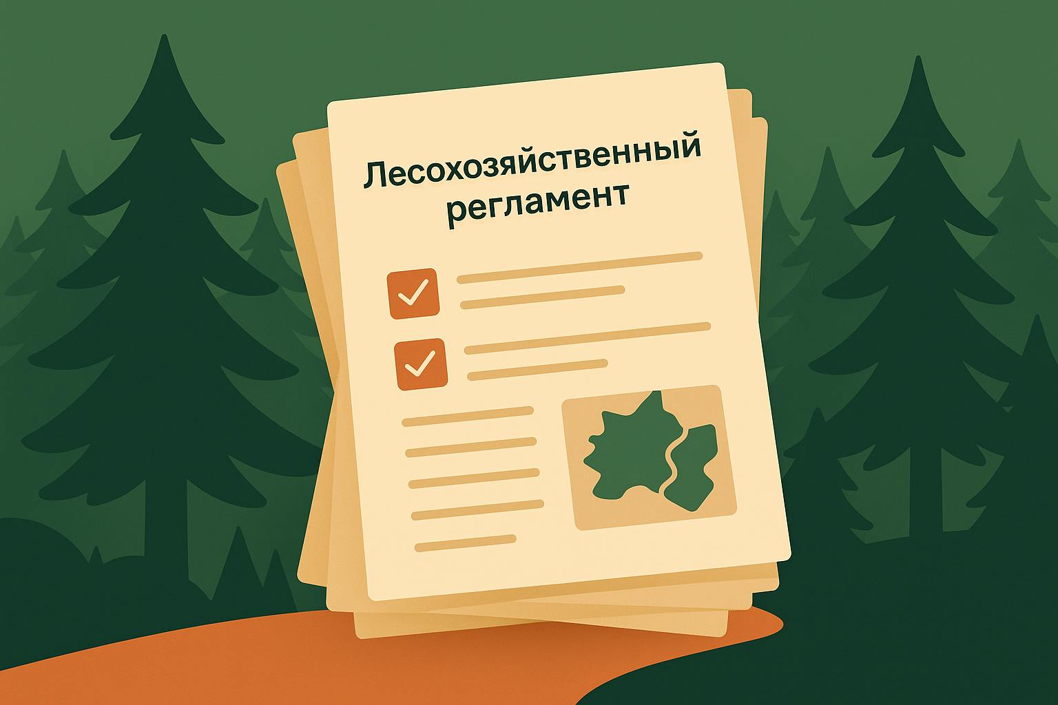Стопка документов «Лесохозяйственный регламент» с чек-листом и картой, на фоне леса и дорожки