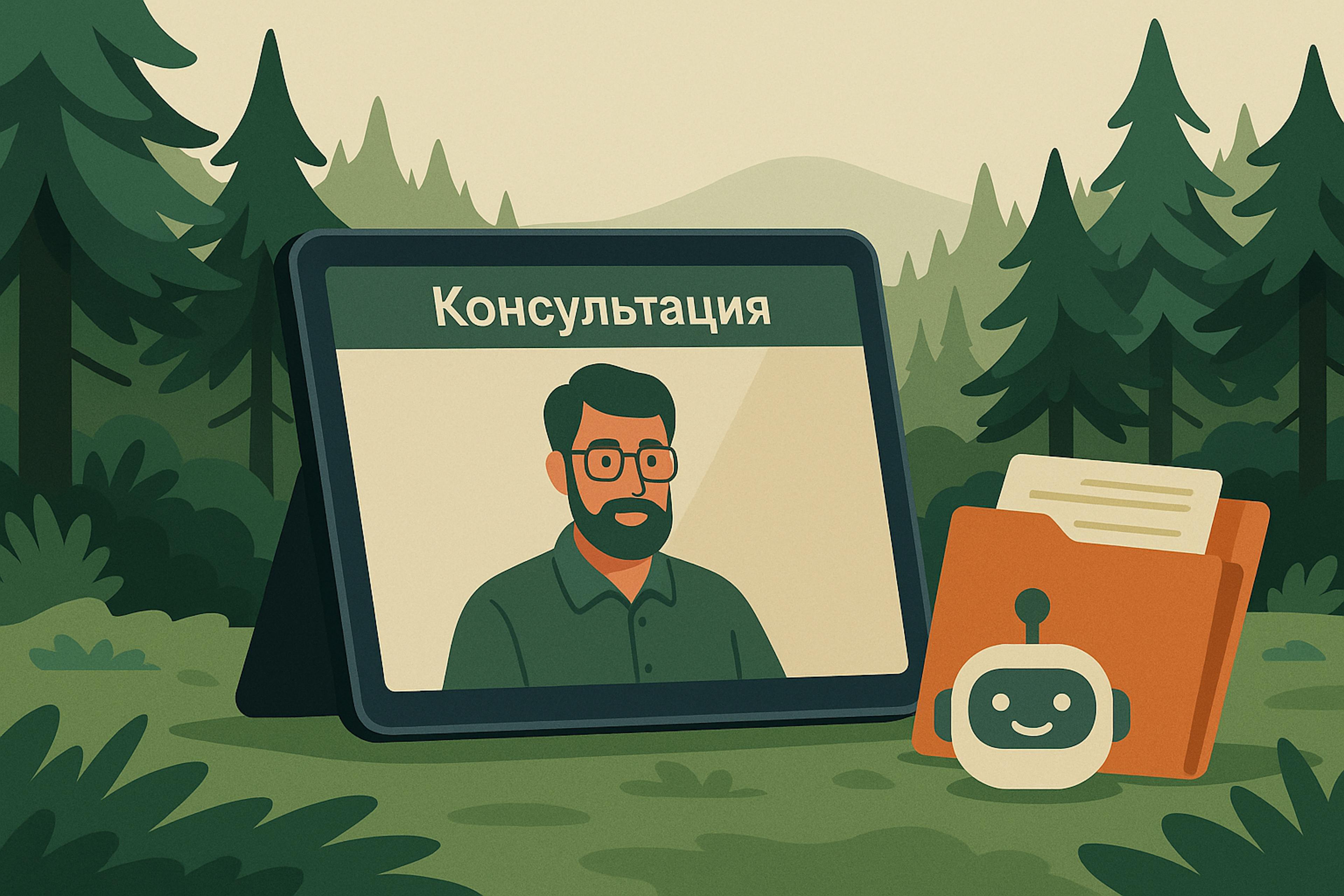 Планшет с «Консультацией», лесной эксперт, папка документов и иконка бота на фоне леса. Консультация эксперта - URMAN