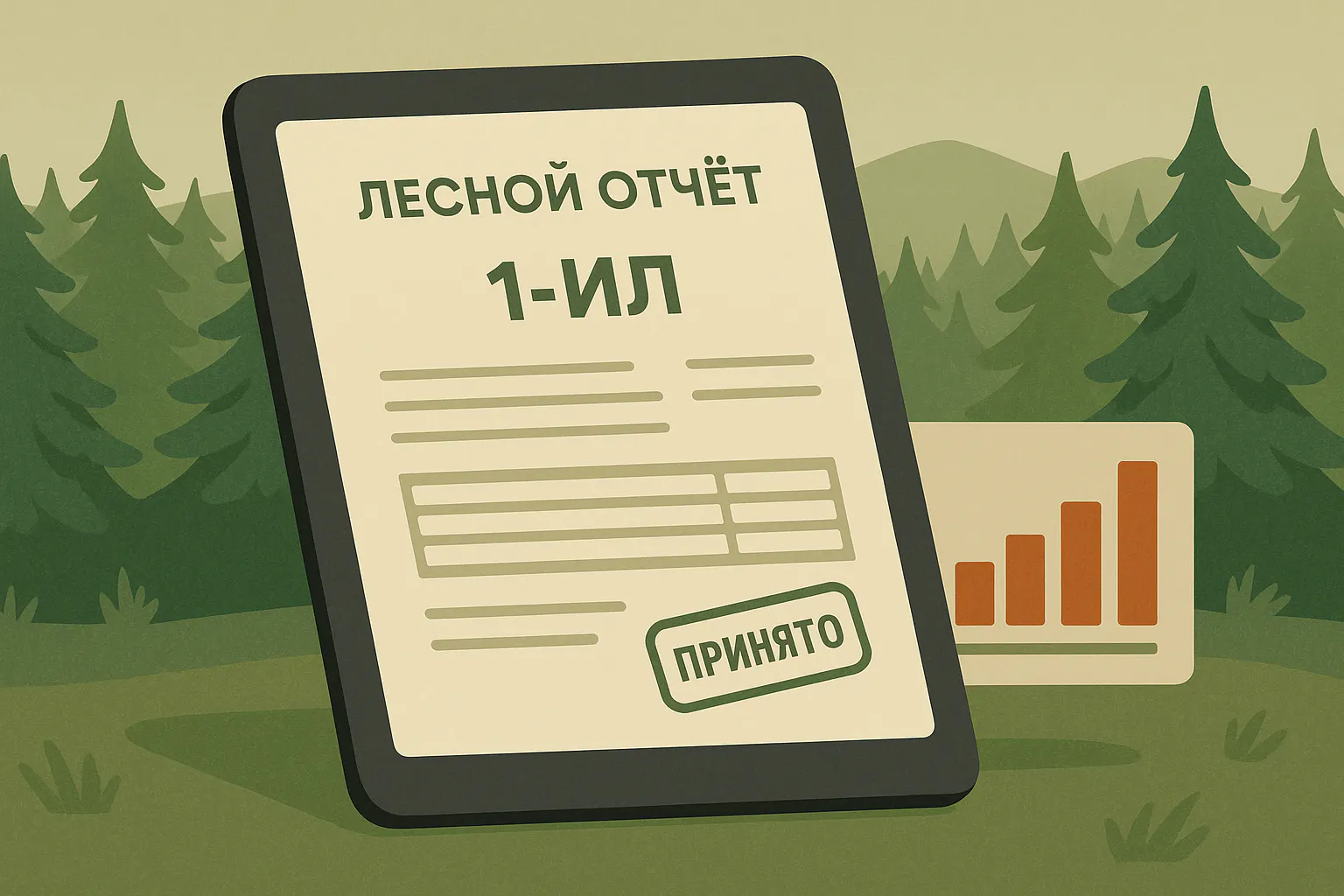 Отчёт 1-ИЛ на планшете со штампом «Принято» и графиком, хвойный фон