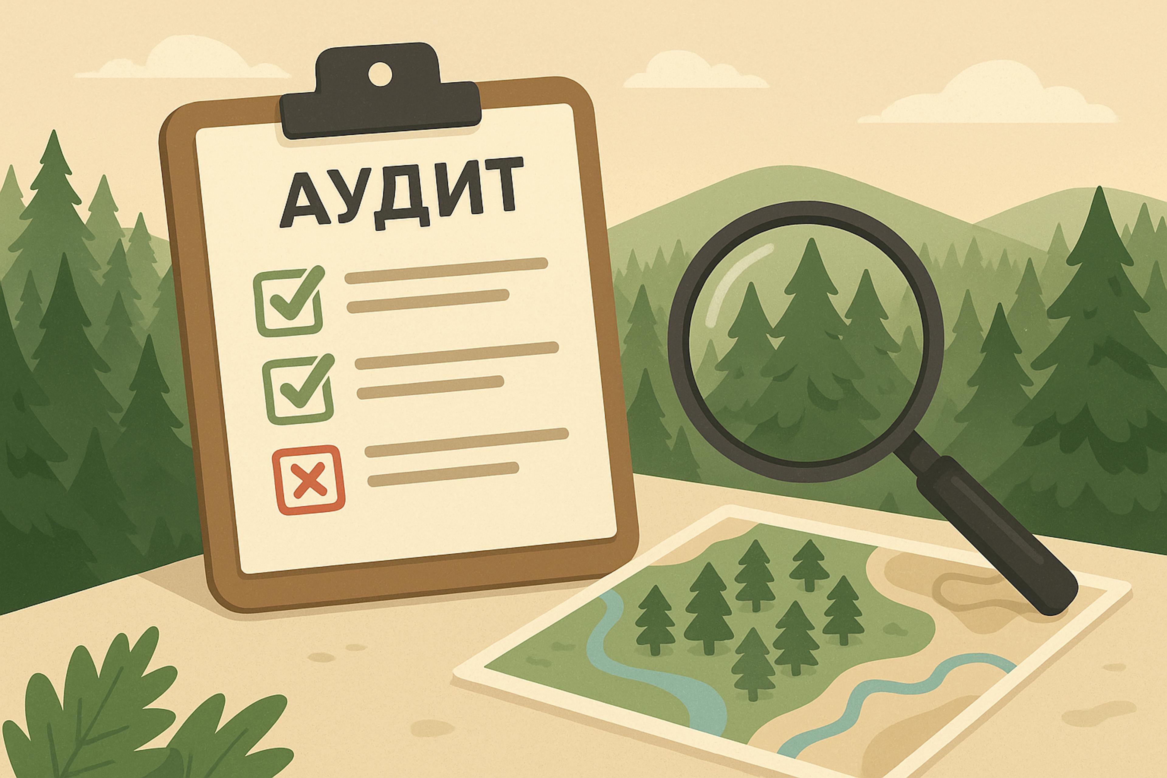 Планшет с чек-листом «Аудит», красная и зелёная галочки. Аудит лесного участка — проверка лесопользования и рисков штрафов | URMAN
