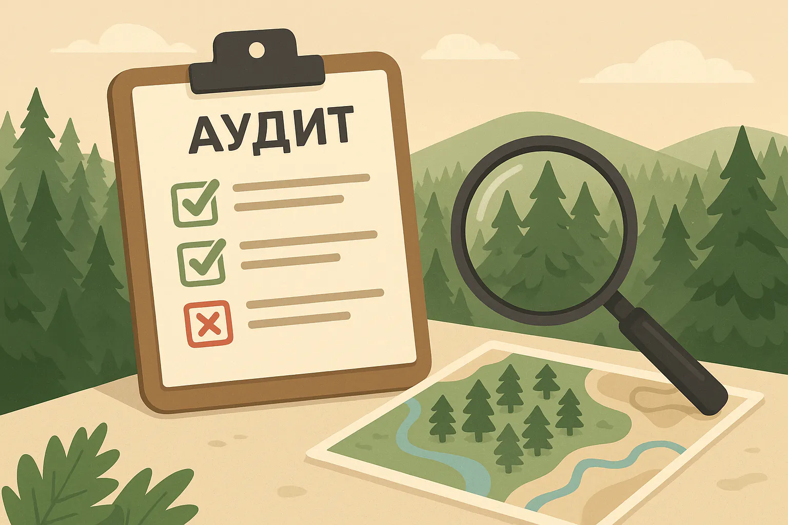 Планшет с чек-листом «Аудит», красная и зелёная галочки. Аудит лесного участка — проверка лесопользования и рисков штрафов | URMAN