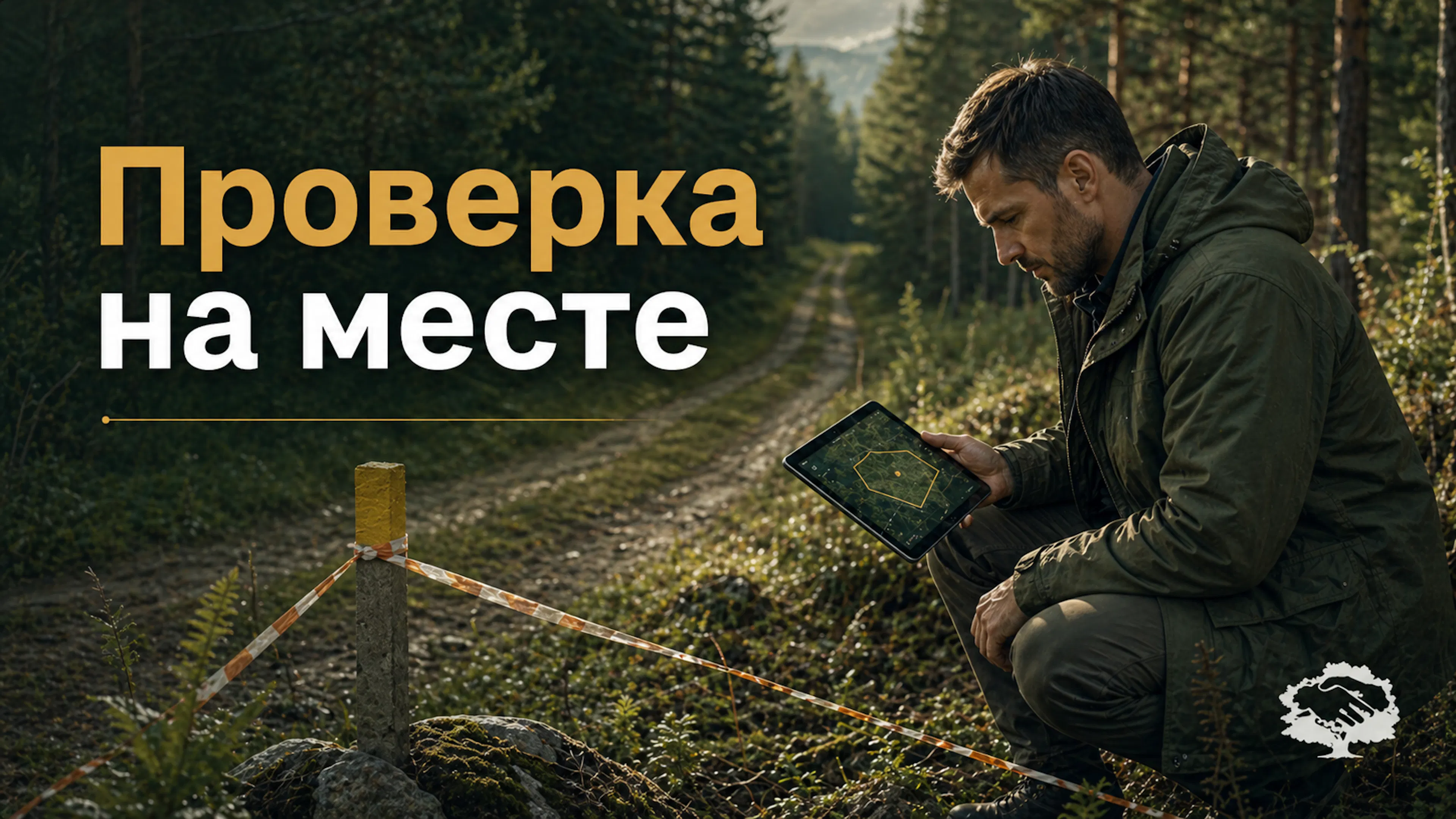 Специалист проверяет лесной участок на местности с планшетом и картой.