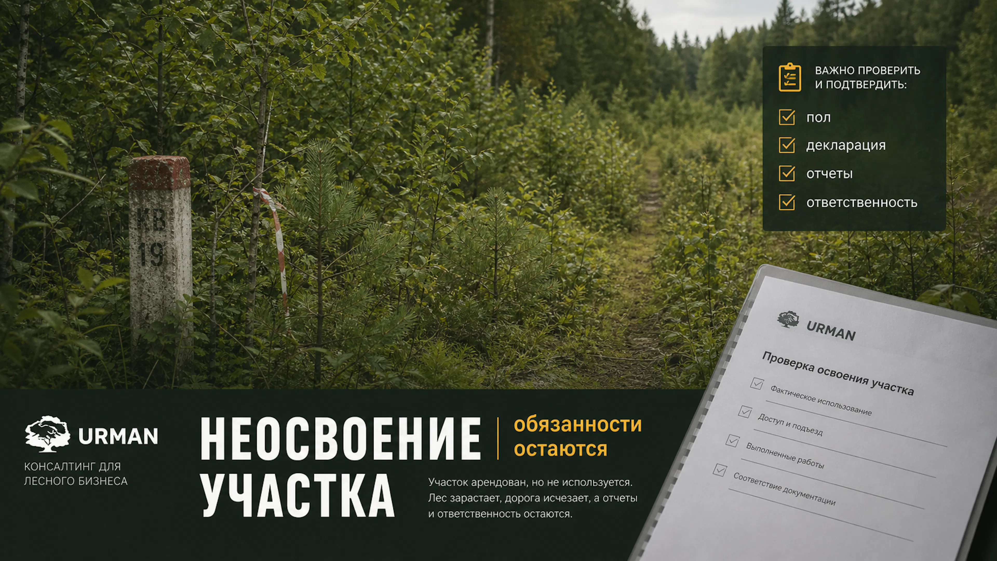 Постер URMAN: специалисты на лесном участке сверяют карту, границы и фактические работы по договору аренды.