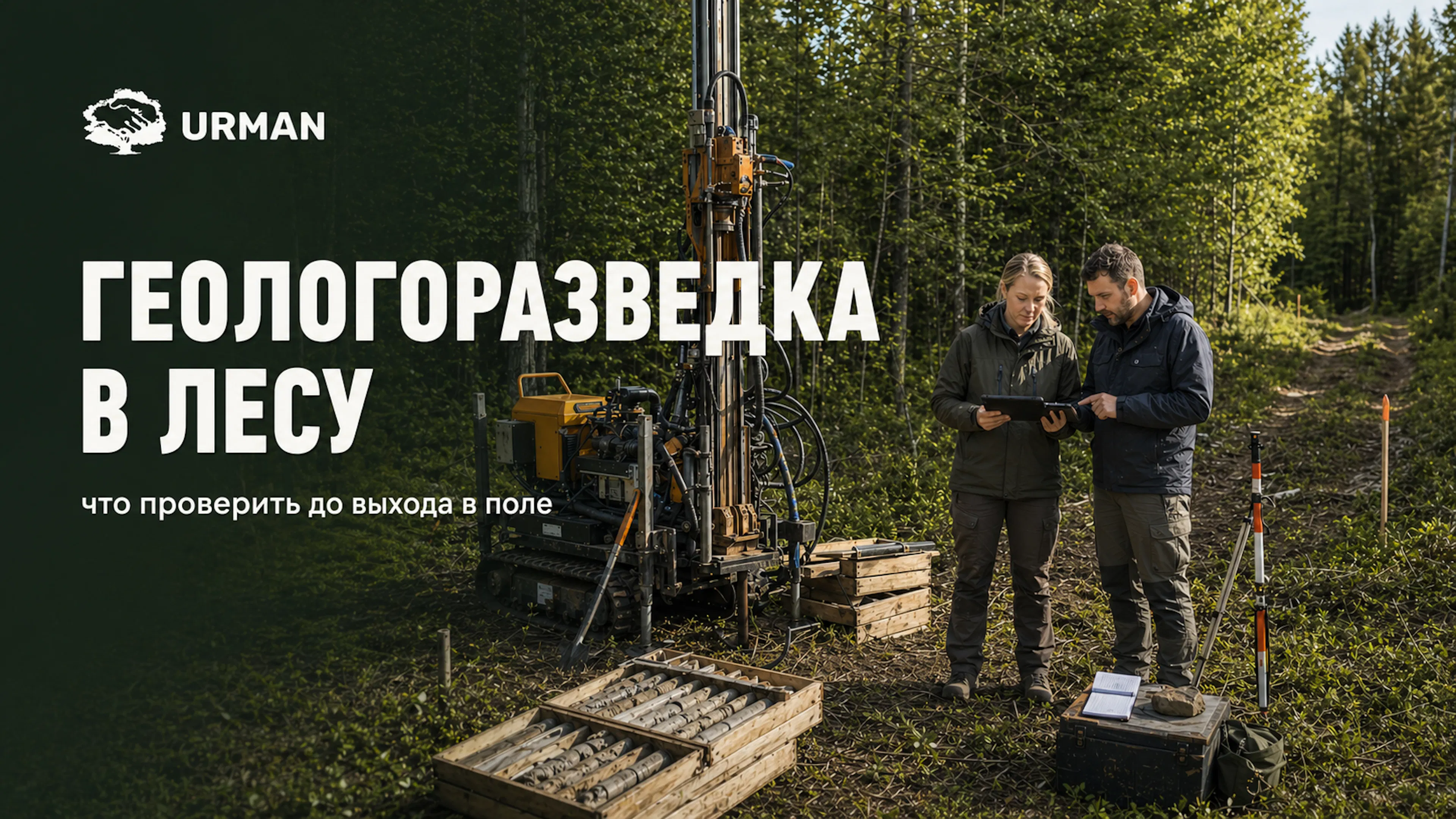 Геолог и лесной эксперт сверяют карту точек работ на фоне лесного участка и временной полевой дороги.