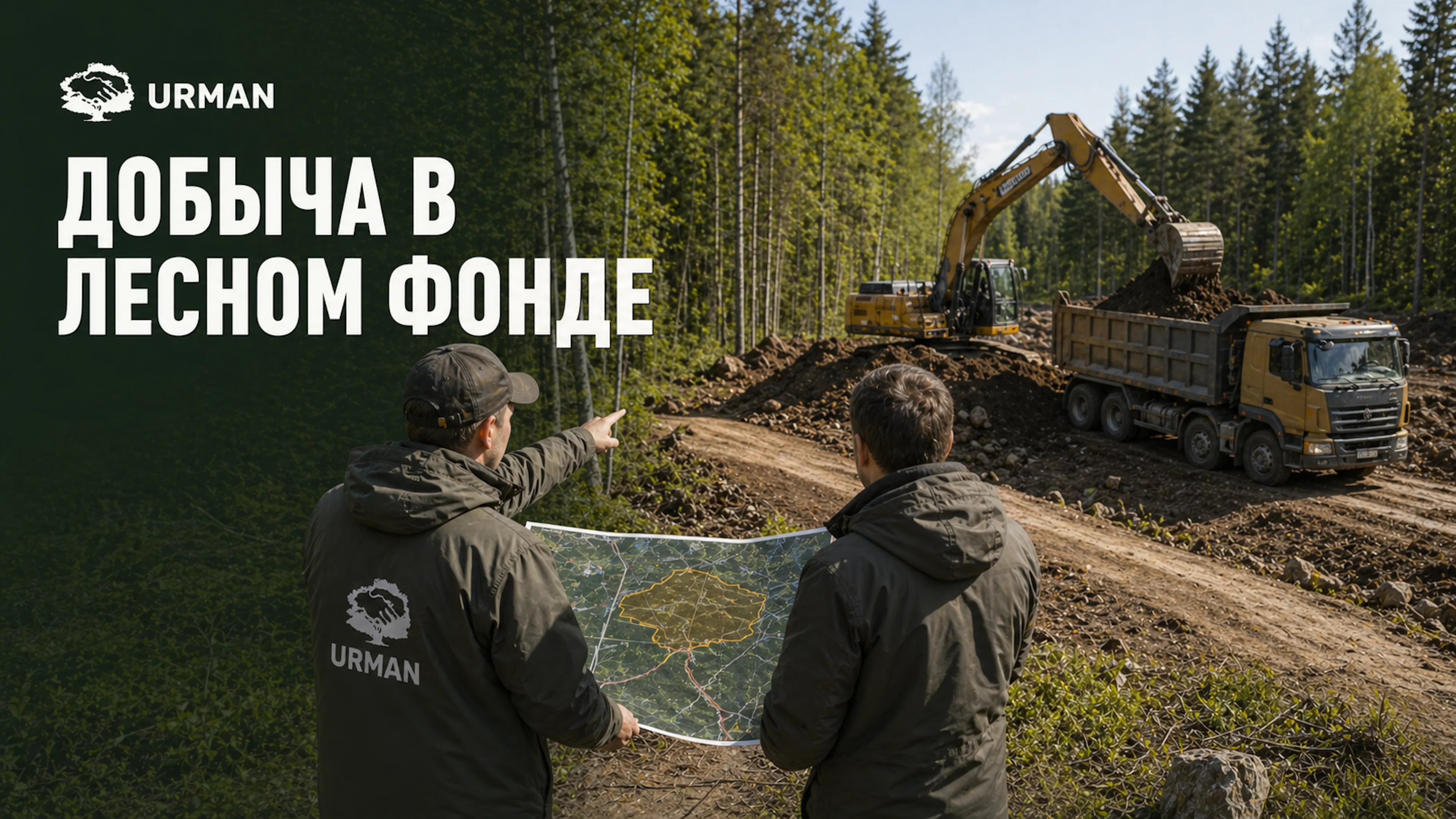 Карта лесного фонда с контуром добычной площадки, технологической дорогой и документами проекта.