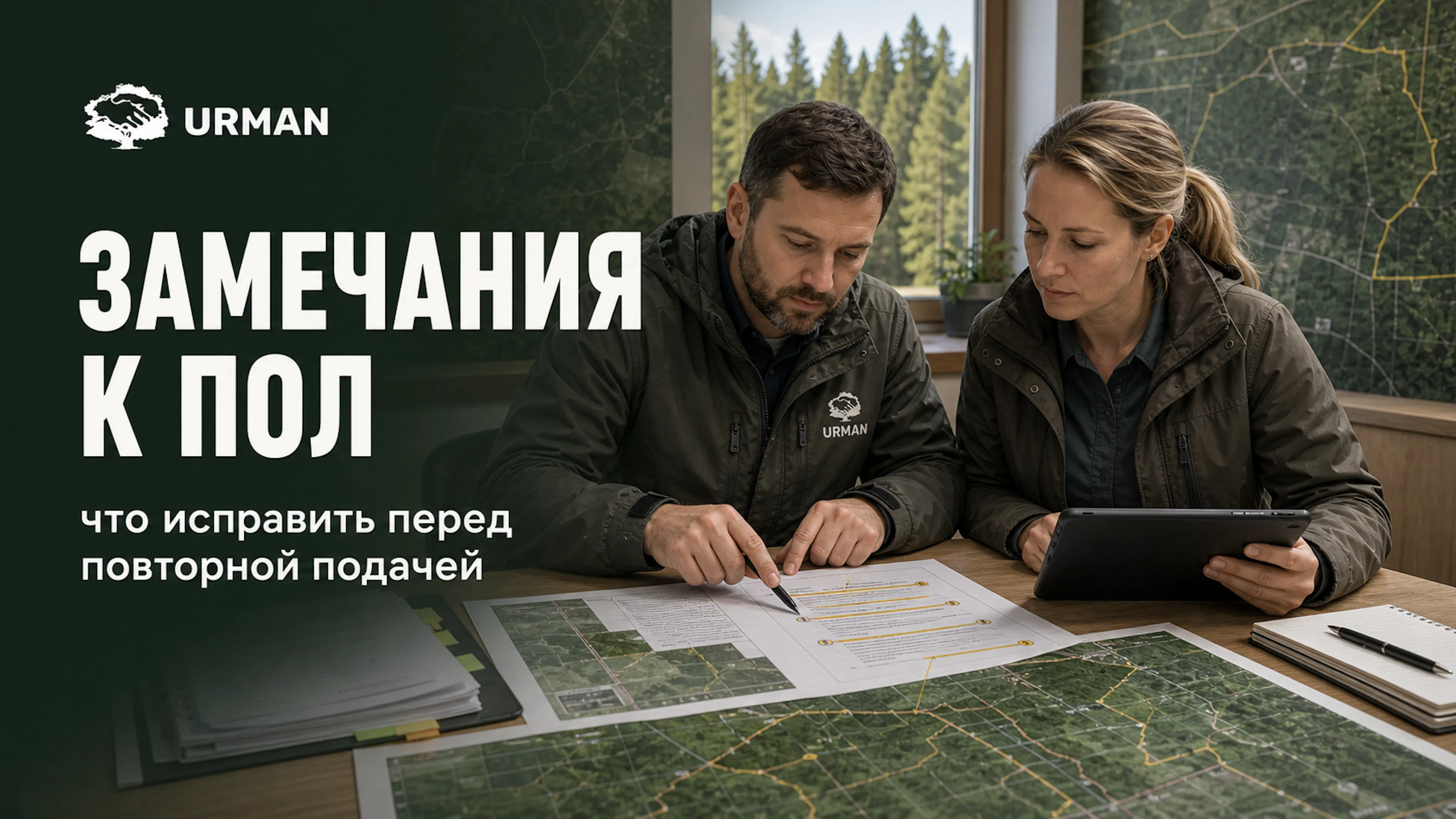 Специалисты разбирают замечания к проекту освоения лесов на фоне карты лесного участка.