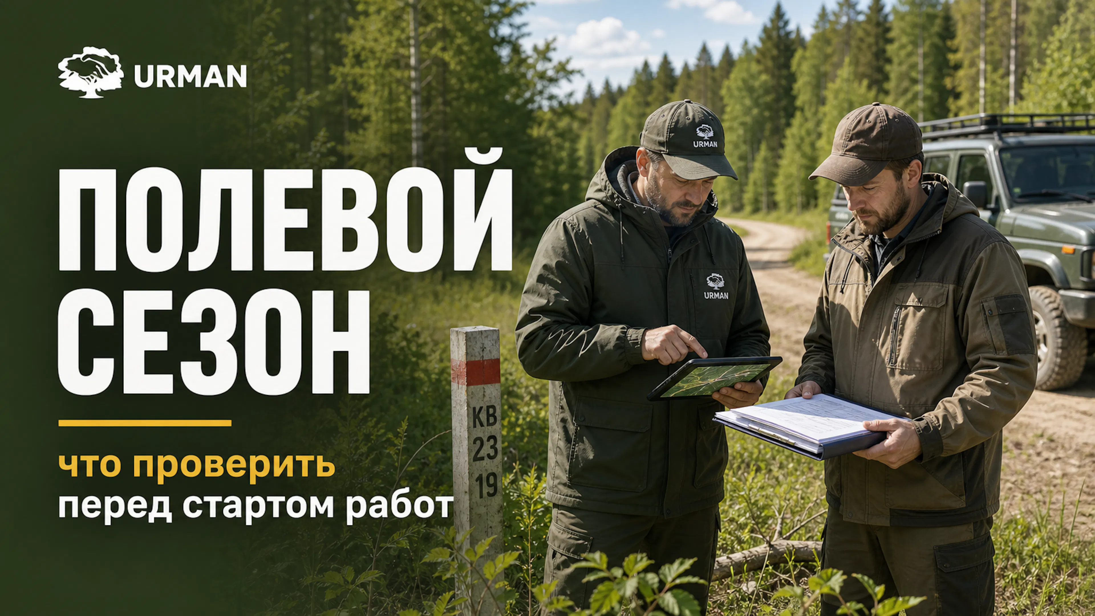 Специалисты сверяют карту и документы у лесной дороги перед выходом подрядчика на участок в полевой сезон.