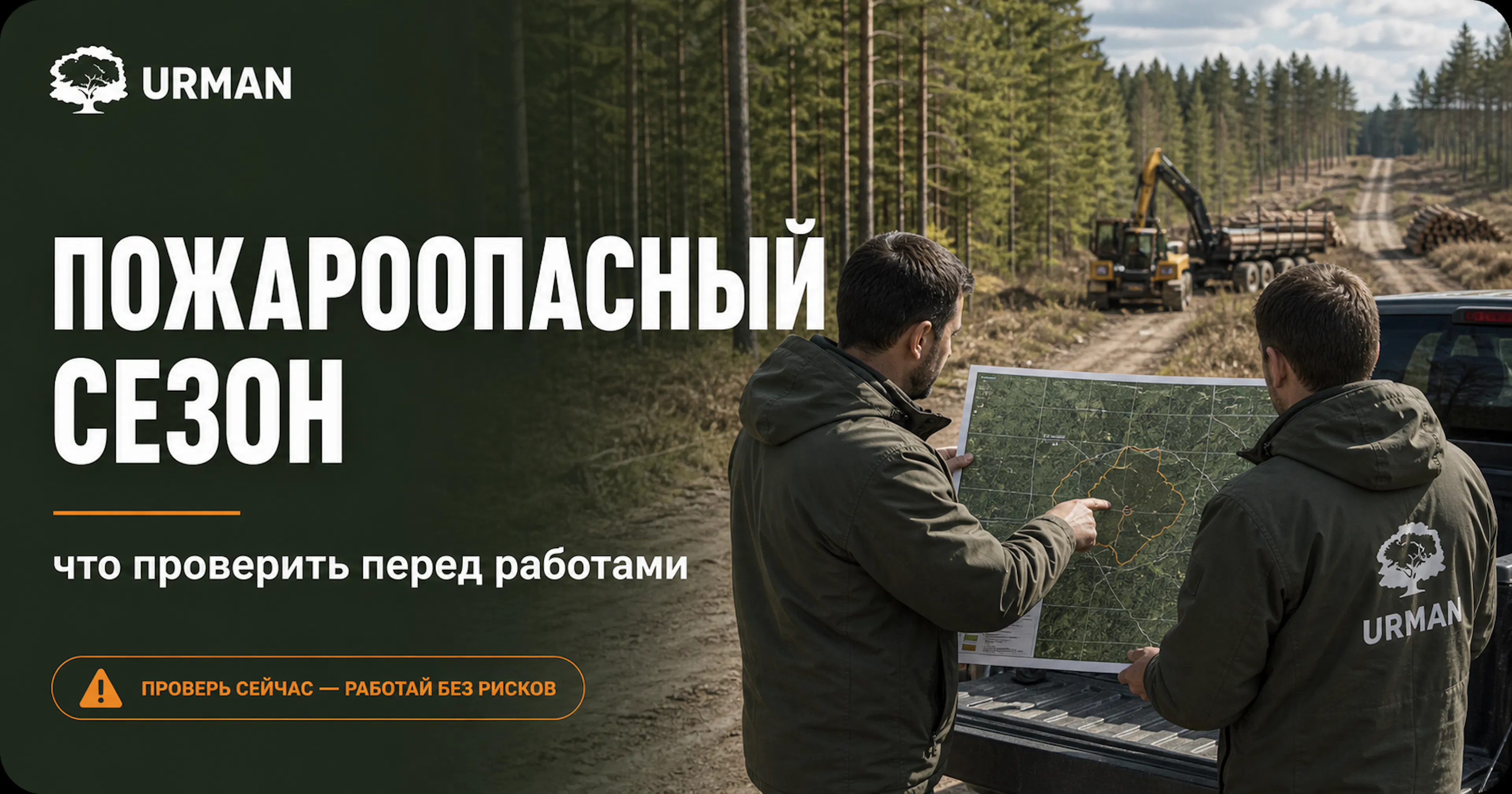 Специалисты сверяют карту лесного участка у дороги в пожароопасный сезон перед выходом подрядчика на работы.