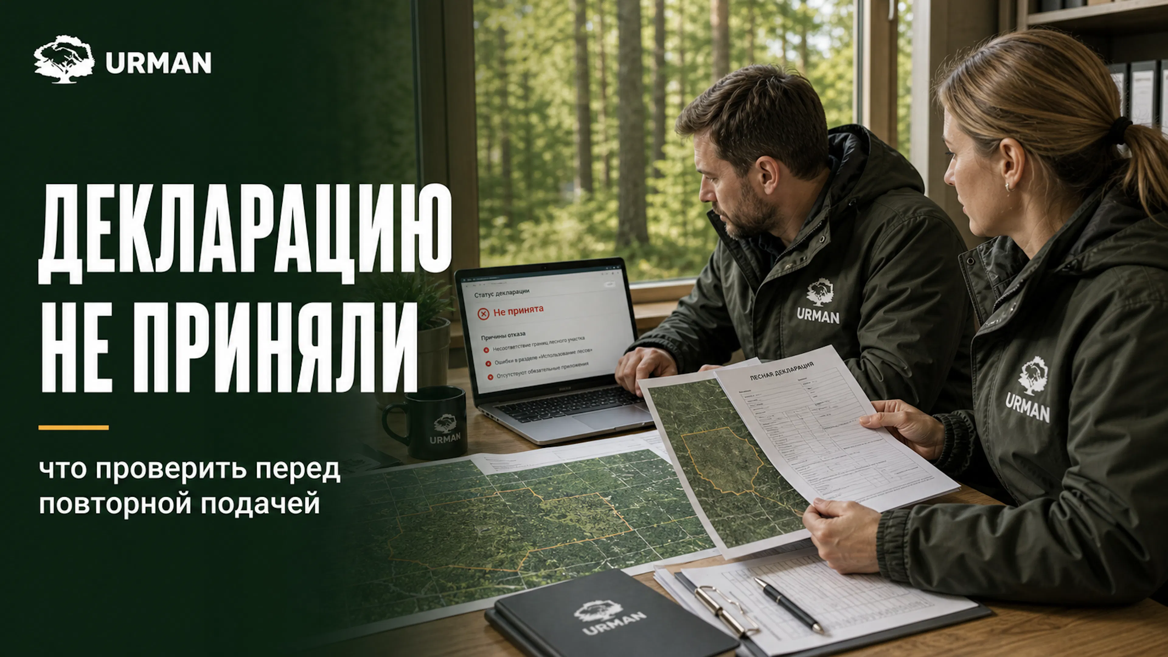 Постер URMAN: специалисты разбирают непринятую лесную декларацию, карту участка и документы перед повторной подачей.