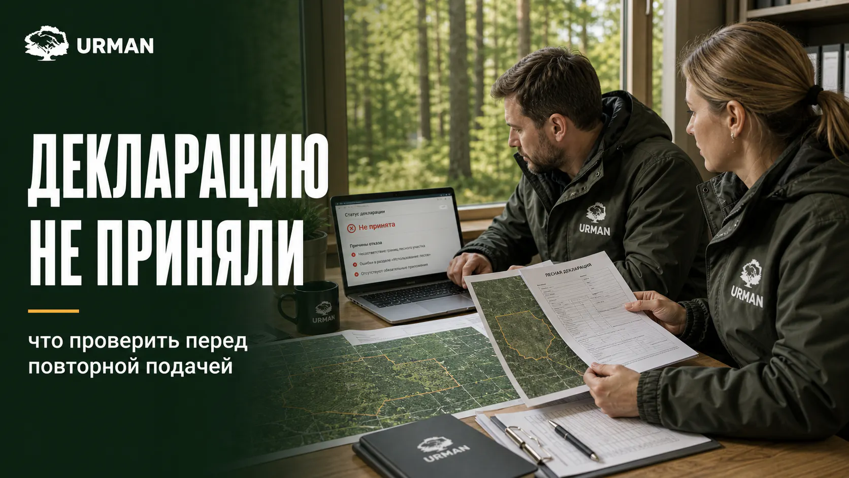 Постер URMAN: специалисты разбирают непринятую лесную декларацию, карту участка и документы перед повторной подачей.
