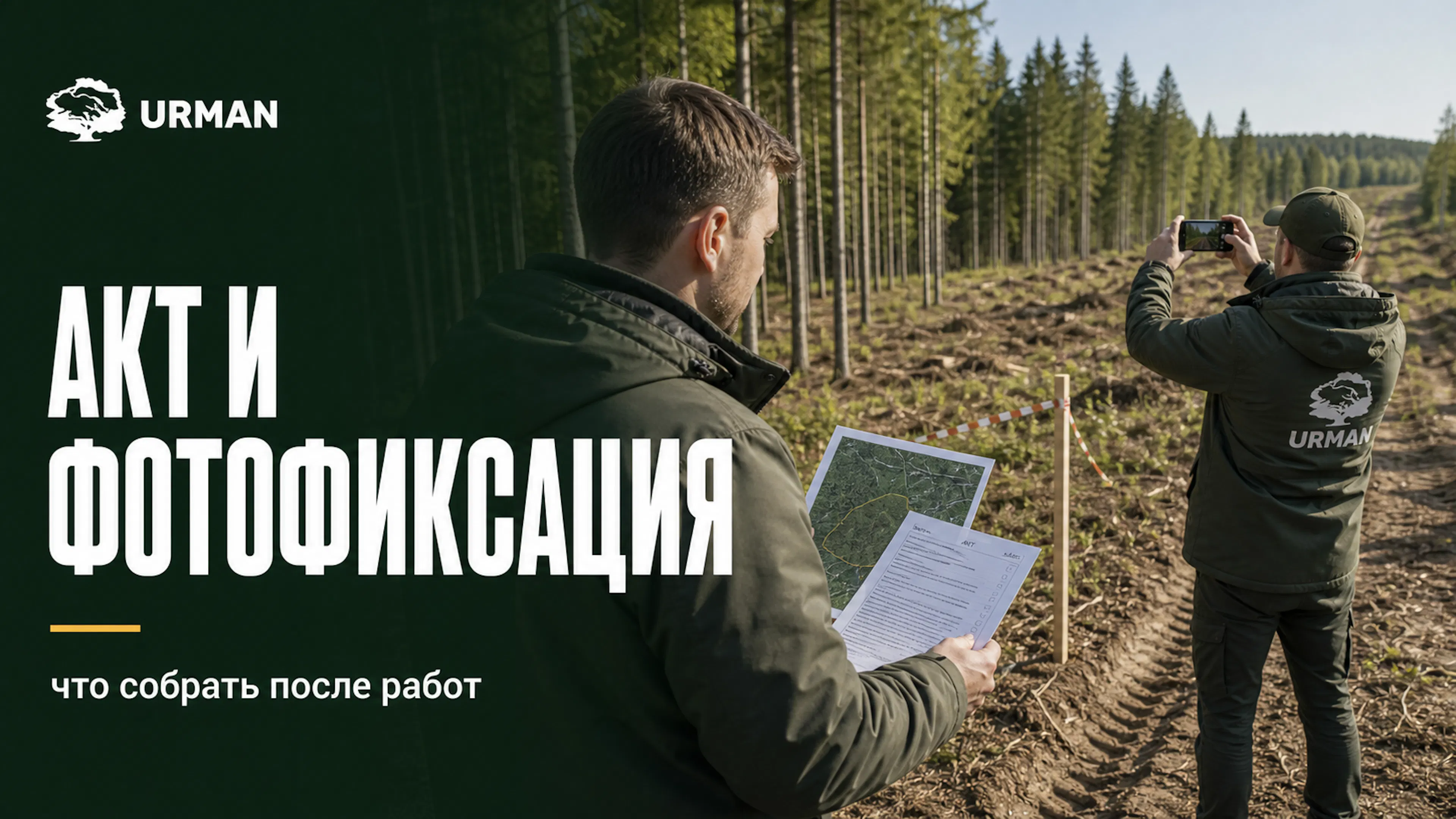 Постер URMAN: специалисты фиксируют состояние лесосеки, карту и фото после завершения работ.