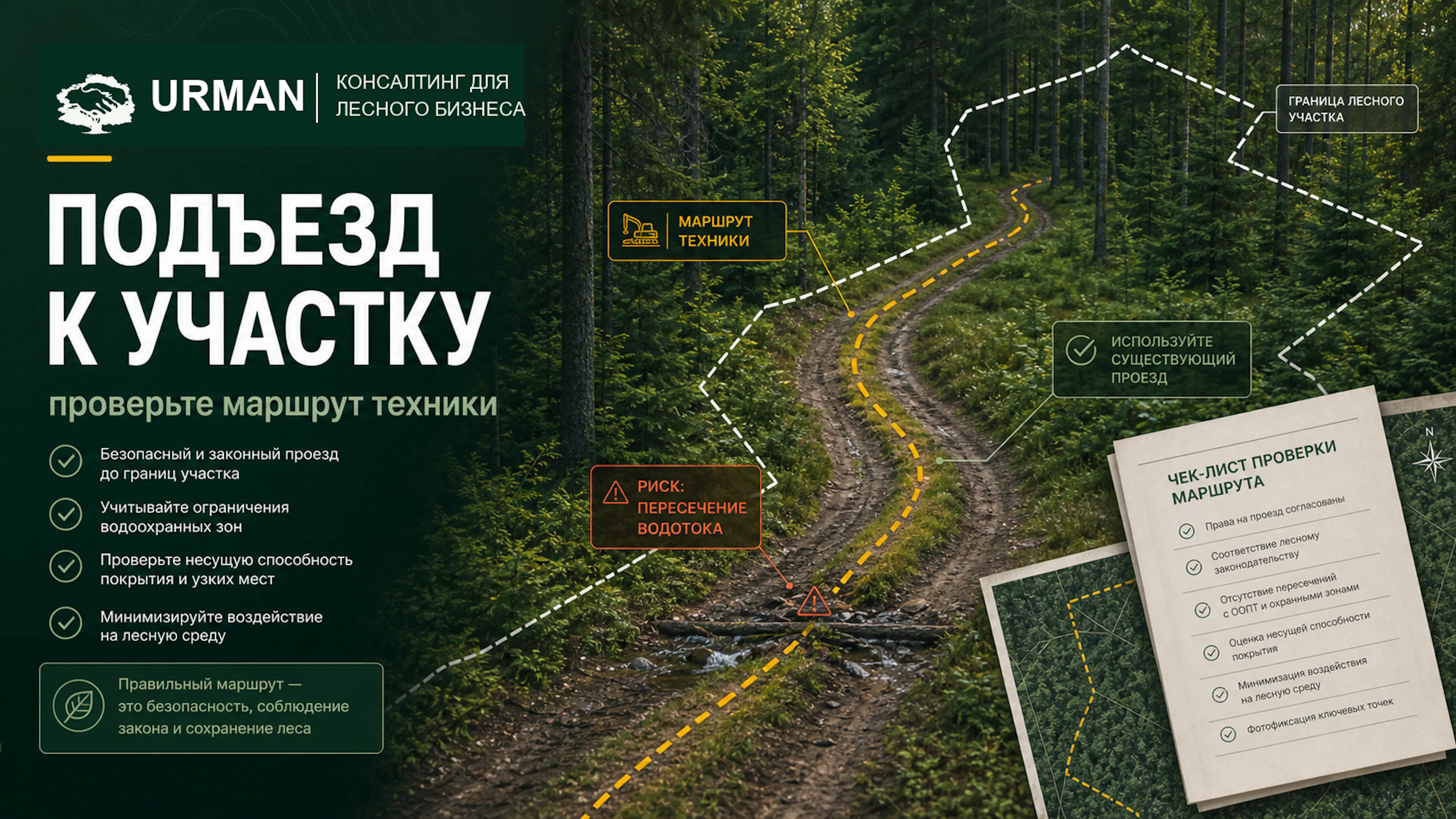 Лесная дорога и маршрут техники к лесному участку с контуром границ и чек-листом проверки подъезда.