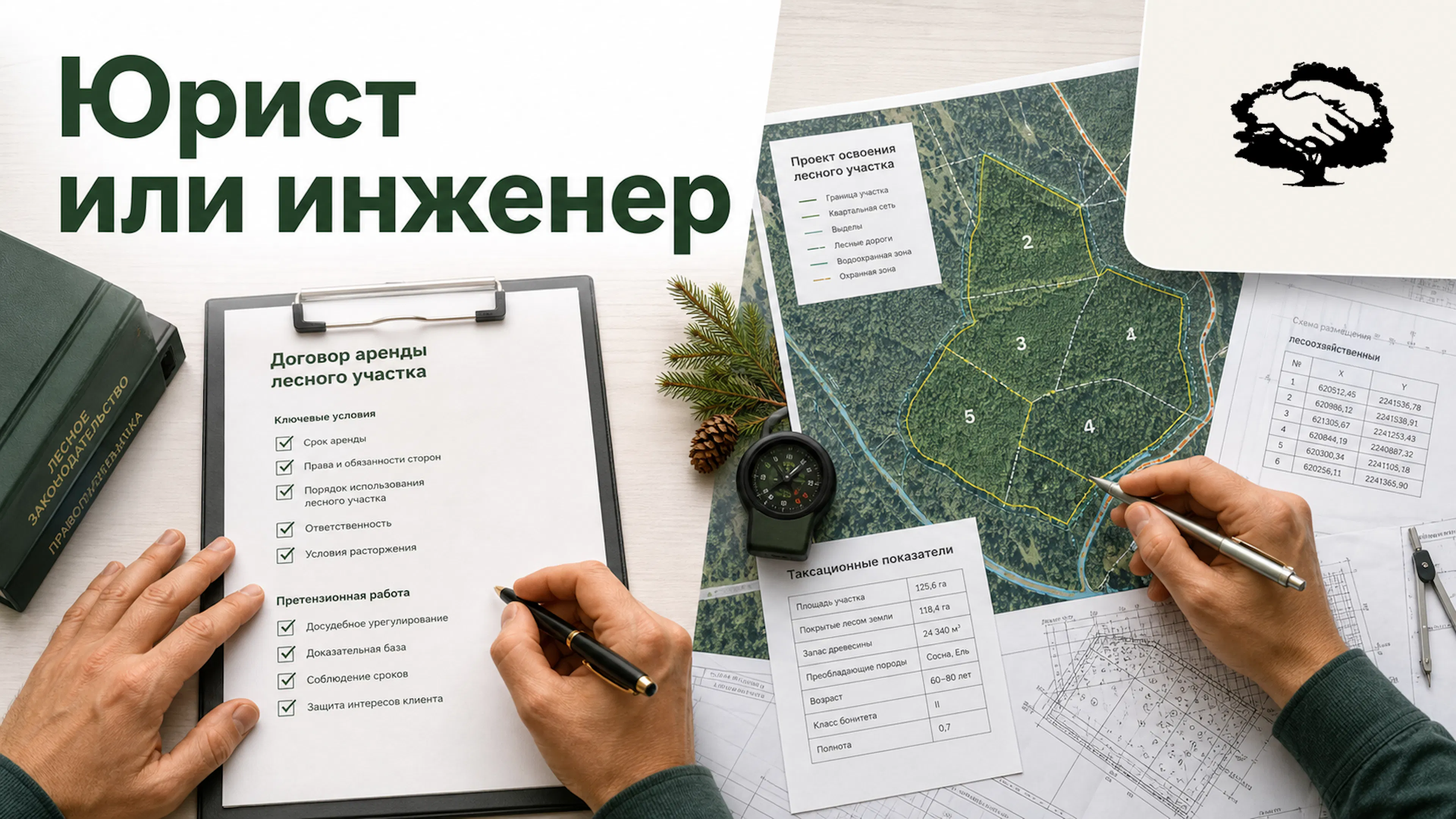 Лесной юрист и лесной инженер разбирают документы, карту участка и проектные решения.