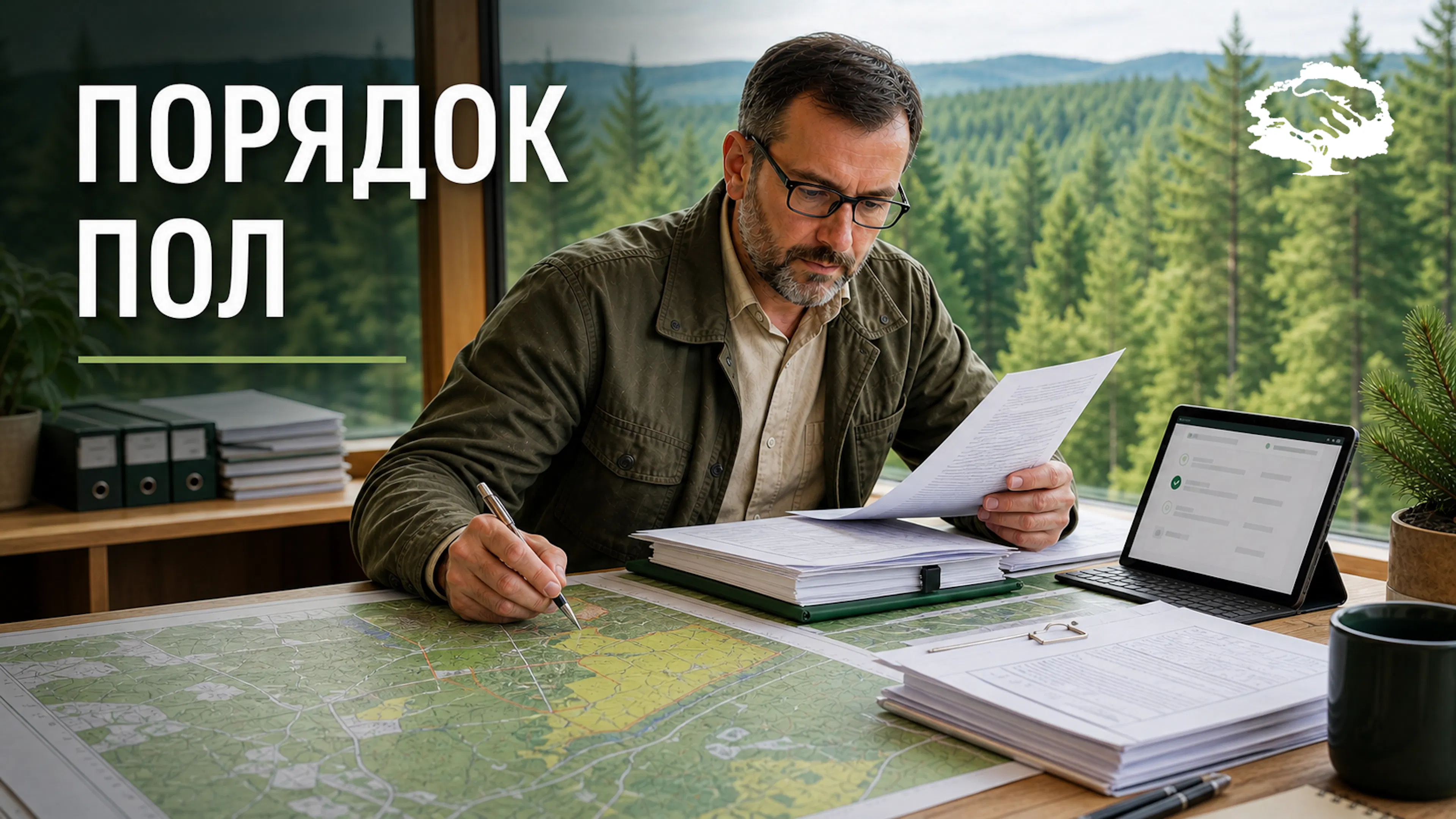 Лесной специалист проверяет проект освоения лесов, карты участка и документы перед экспертизой.