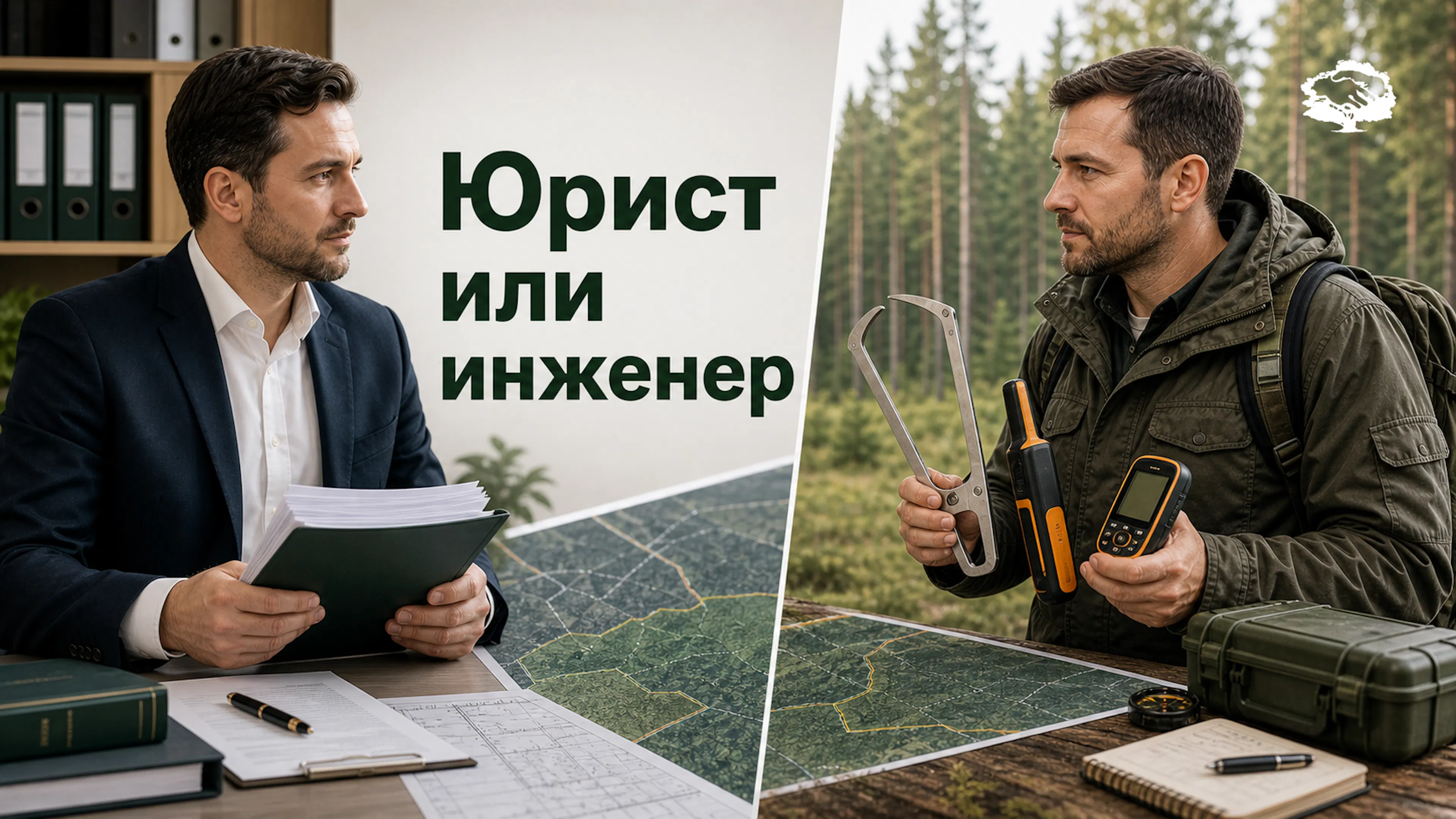 Лесной юрист и лесной инженер показаны в разделенной обложке: документы, карта участка и полевые инструменты.
