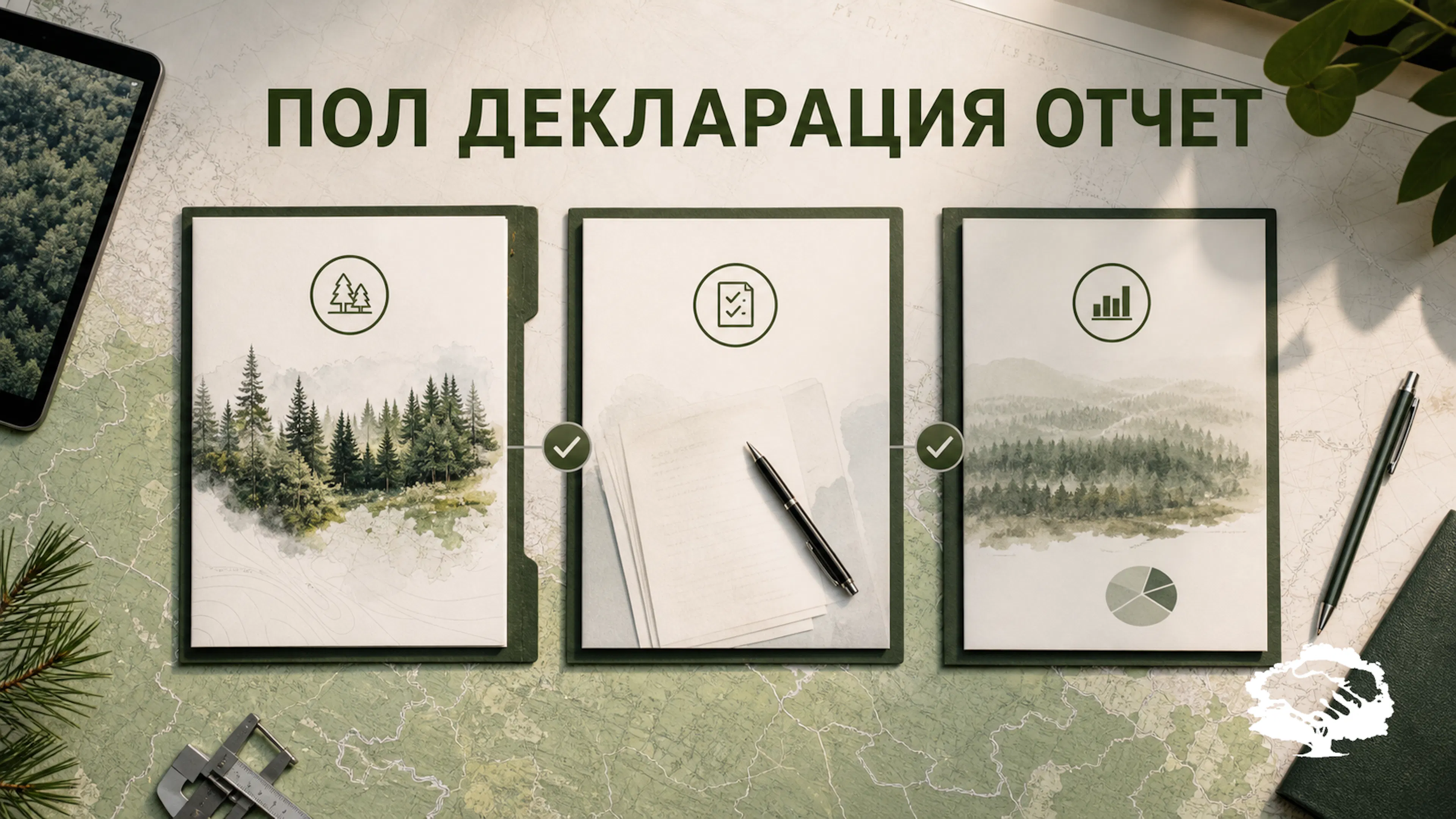 Три лесных документа на рабочем столе: проект освоения лесов, лесная декларация и отчет об использовании лесов.