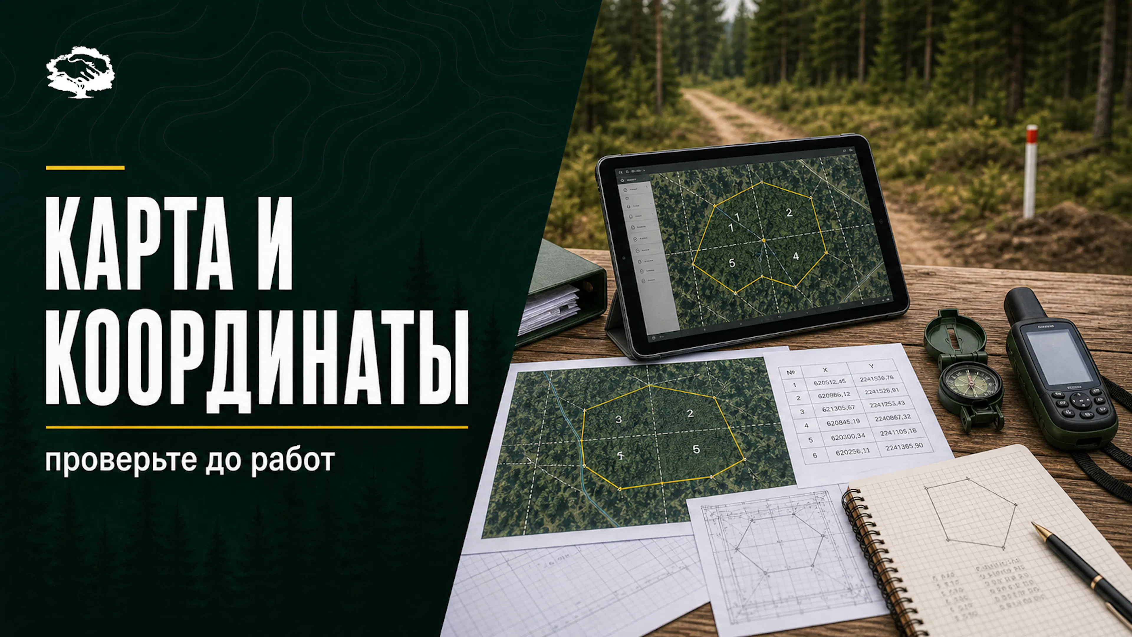 Карта лесного участка, координаты, документы, планшет с границами и полевые приборы для проверки до работ.