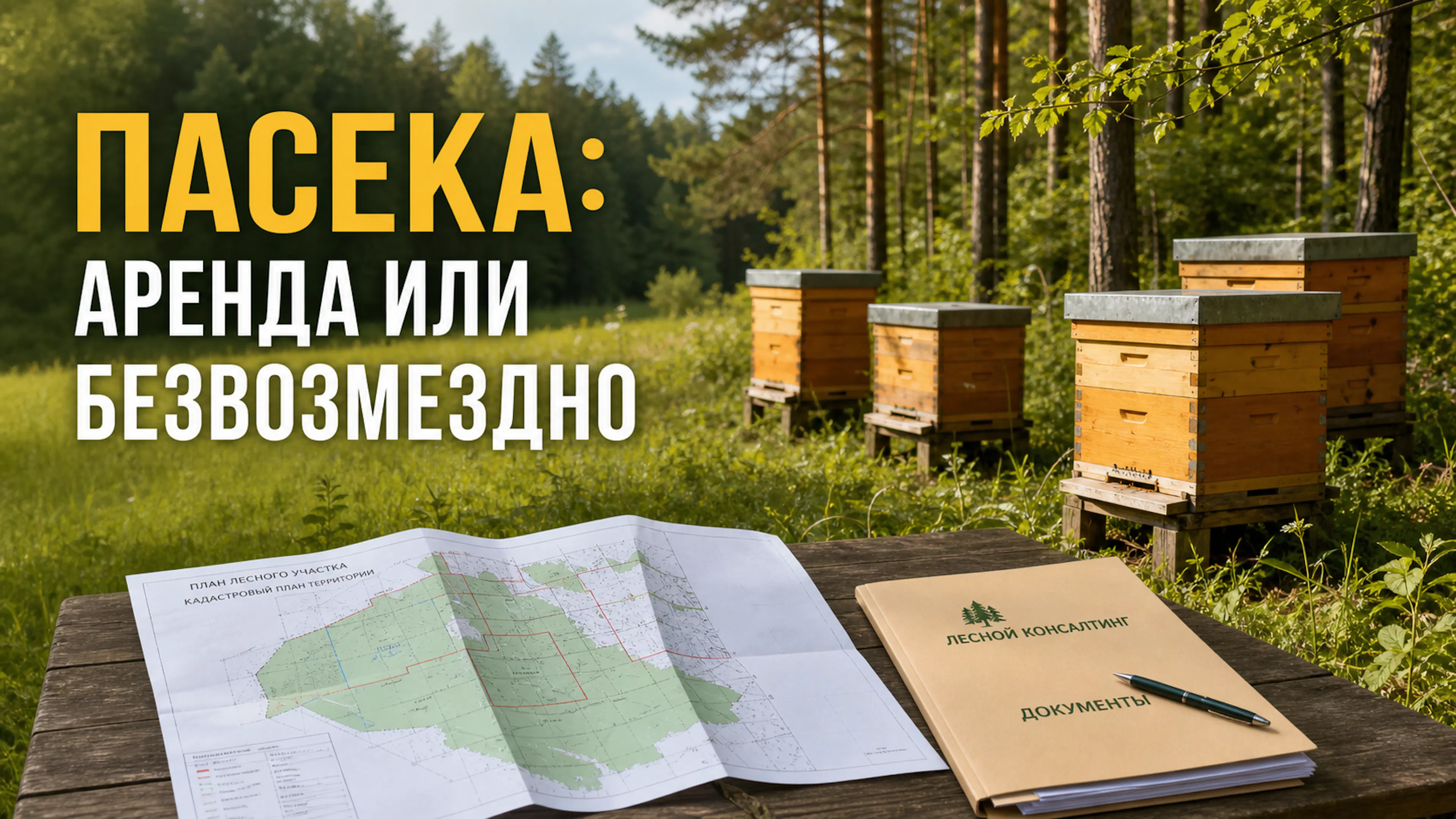 Ульи на лесной опушке рядом с картой лесного участка и документами для выбора режима пользования под пчеловодство.