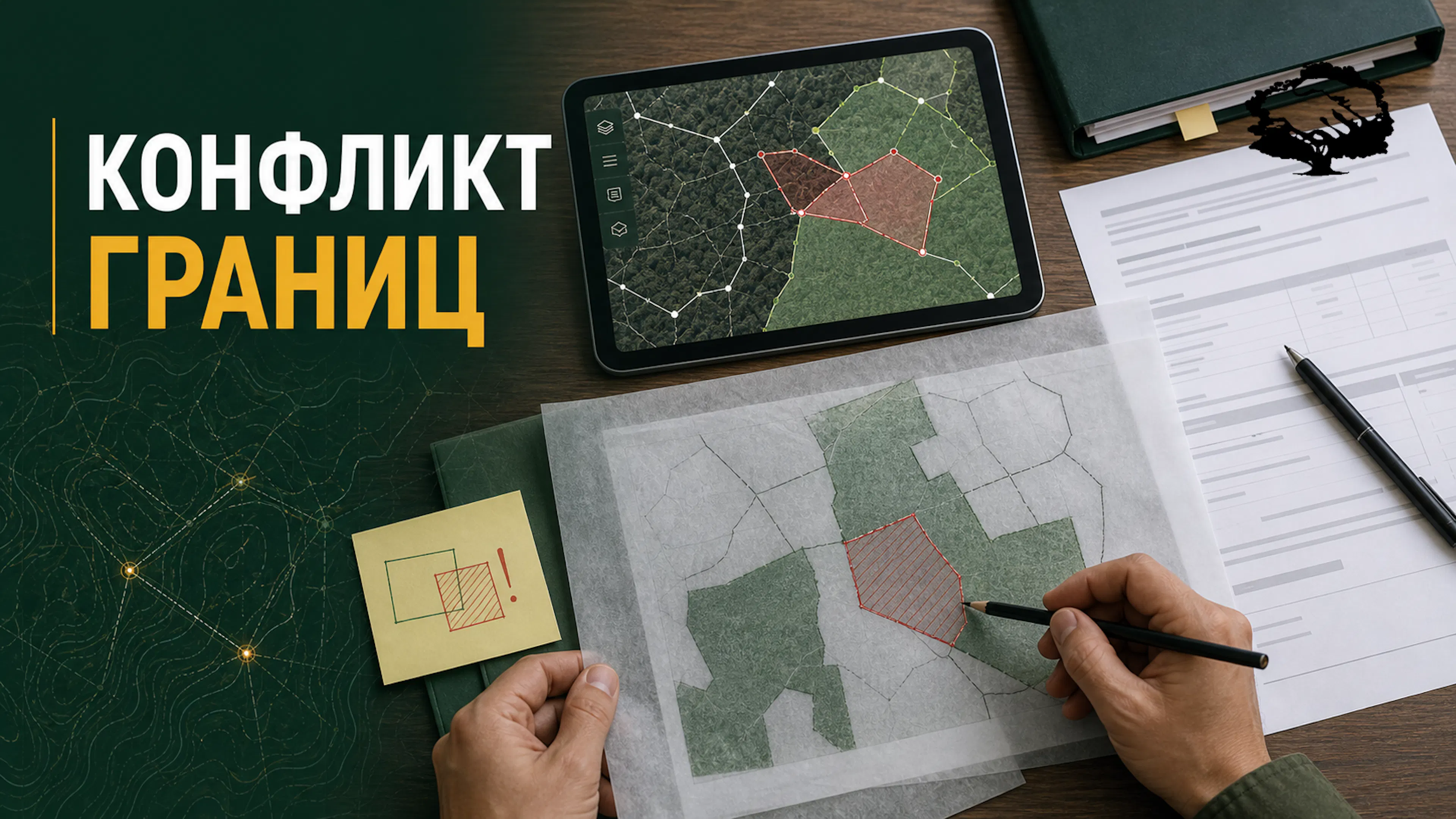 Карта с наложением кадастрового контура и границ земель лесного фонда.