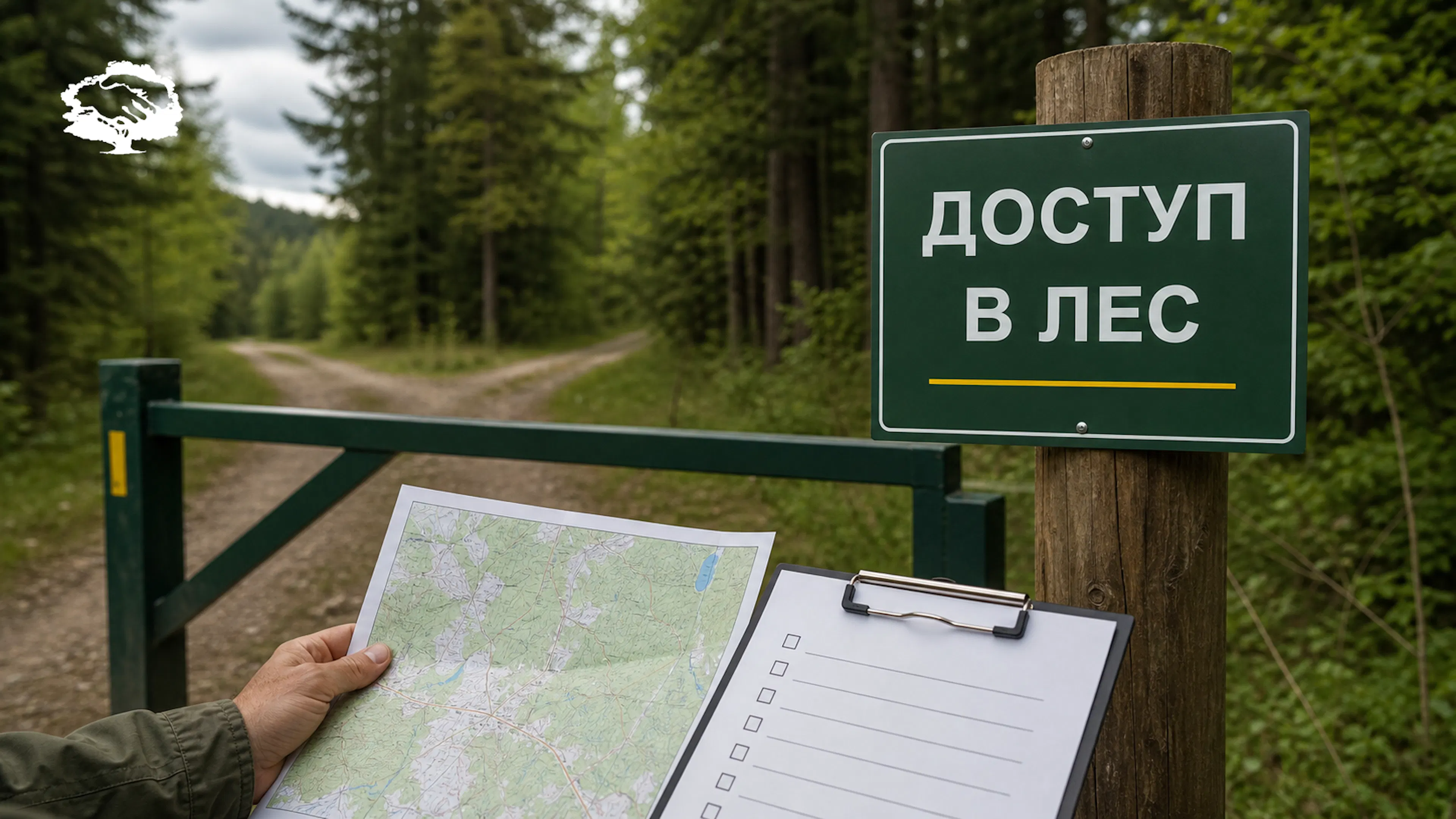 Лесная дорога со шлагбаумом и документами проверки доступа к лесному участку.