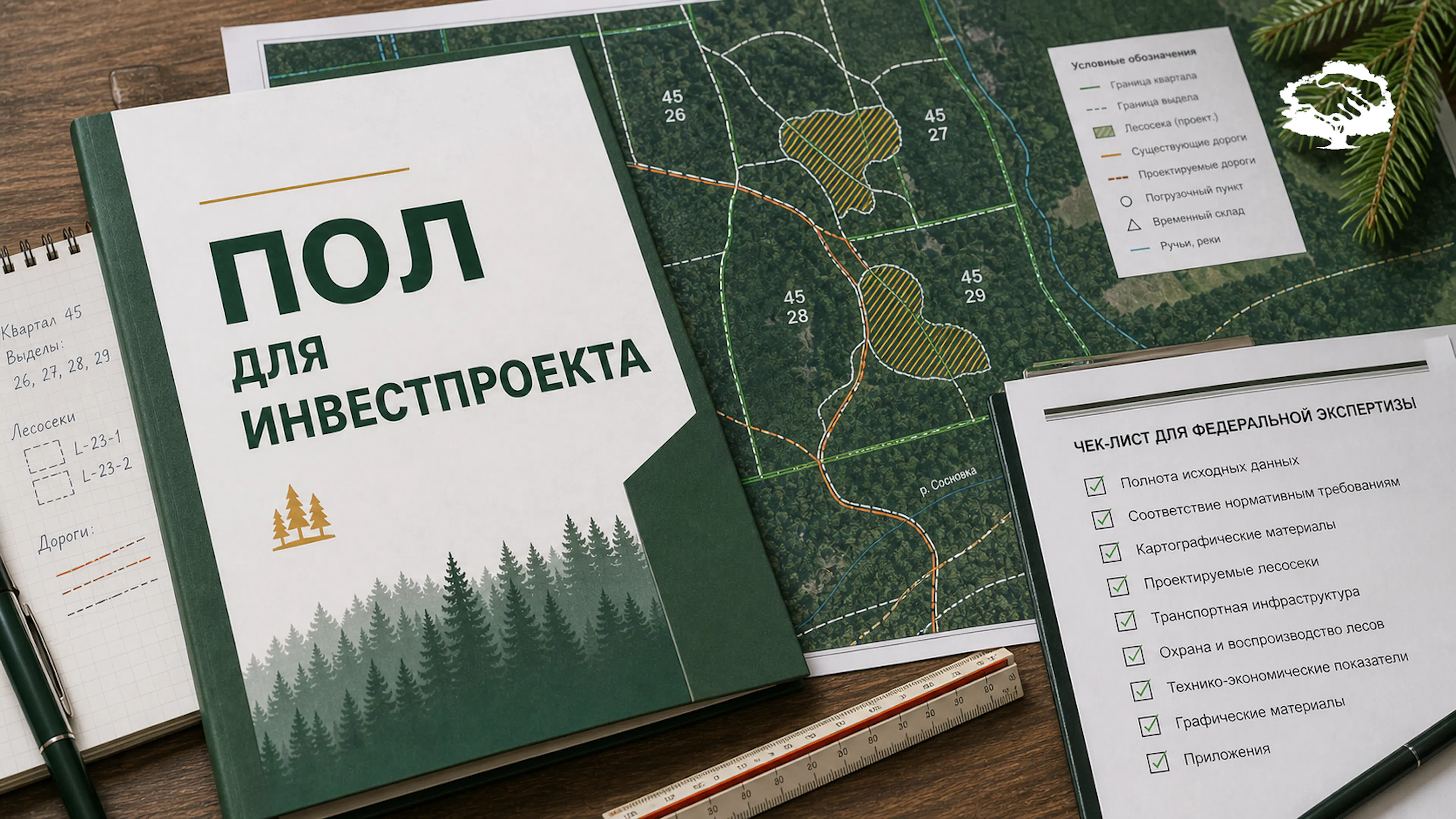 Проект освоения лесов для инвестиционного проекта по заготовке древесины: карта лесосек, документы и проверка перед экспертизой в Рослесхозе.