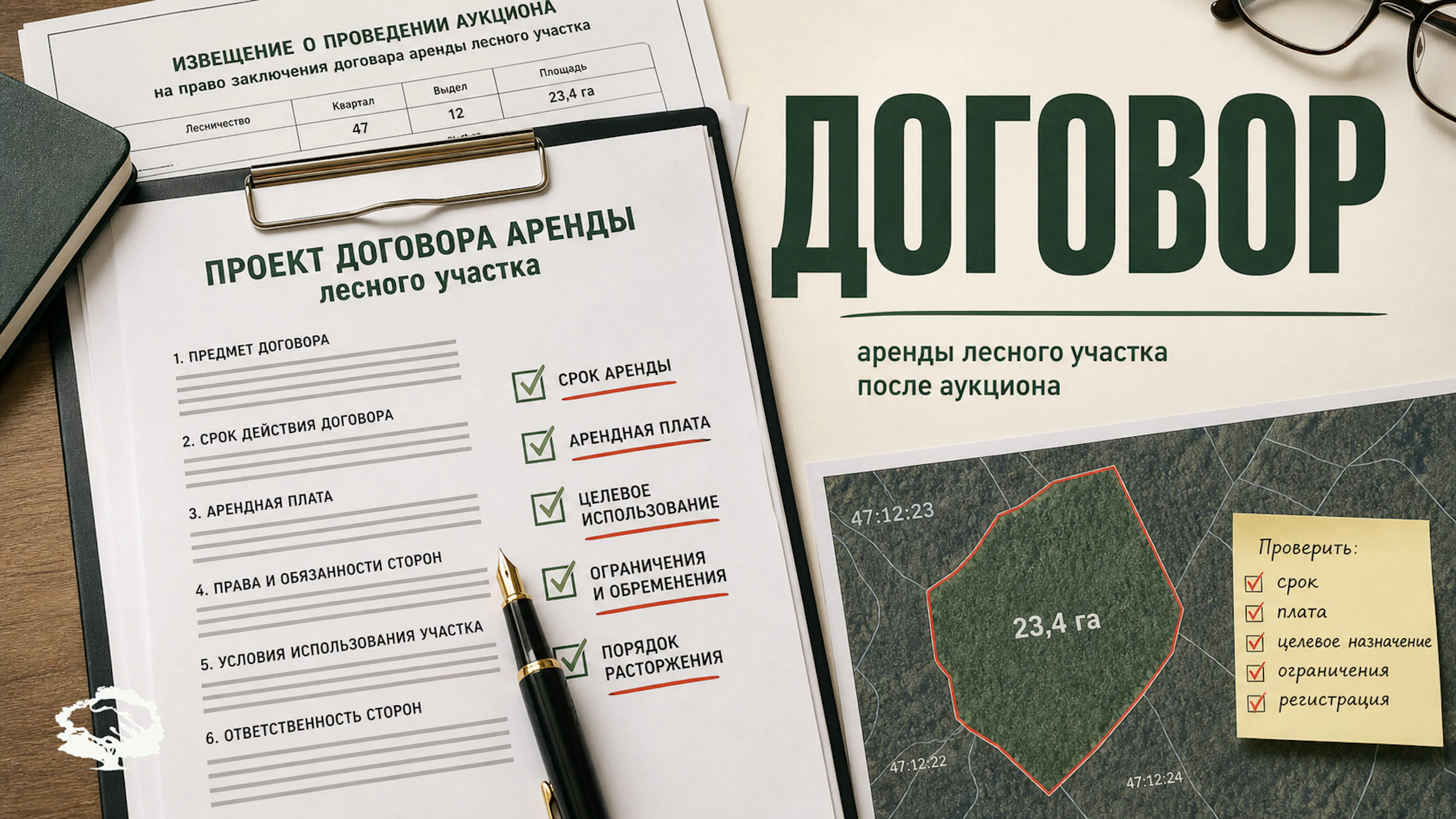 Проект договора аренды лесного участка после аукциона, чек-лист проверки условий и карта участка