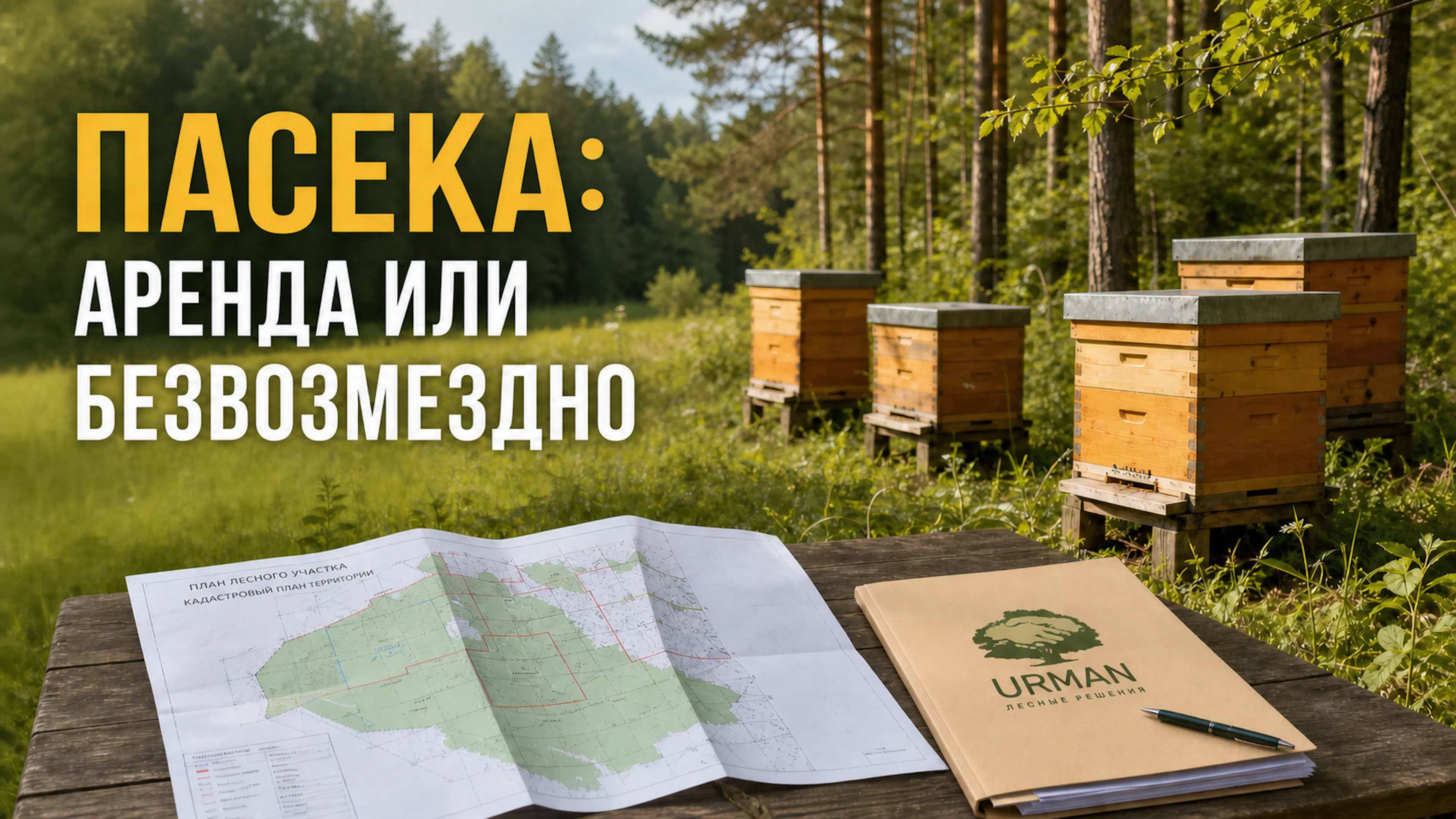 Ульи на лесной опушке рядом с картой лесного участка и документами для выбора режима пользования под пчеловодство.