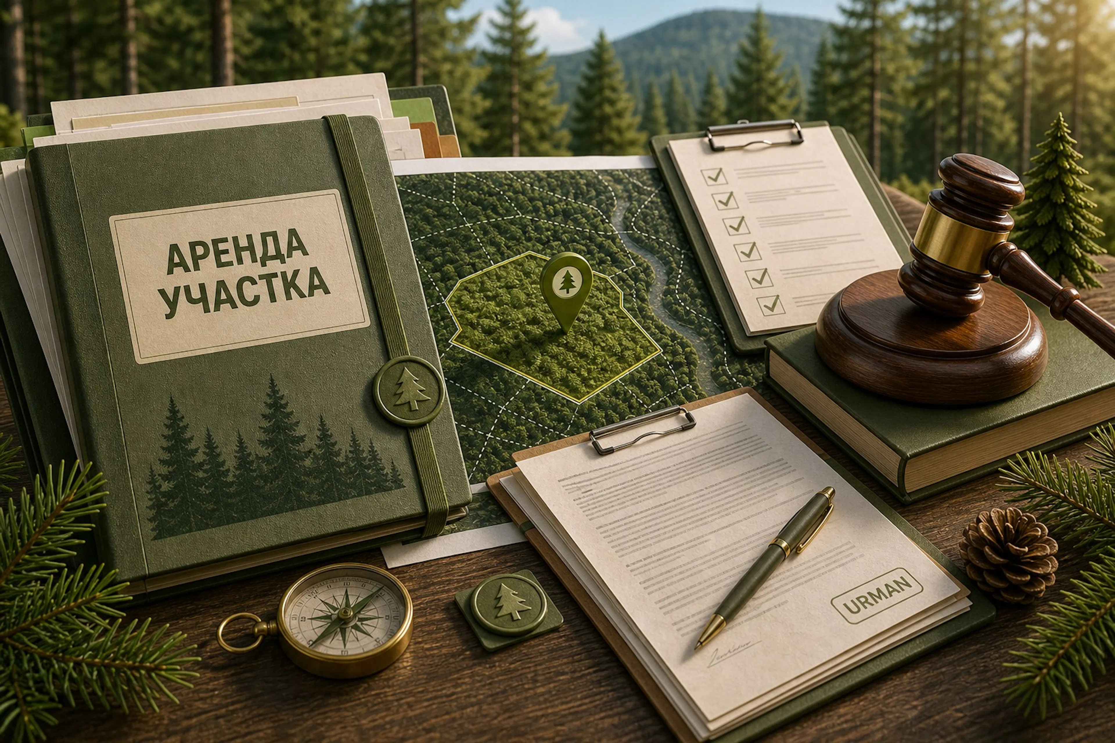 Документы, карта участка и аукционный молоток для оформления аренды лесного участка
