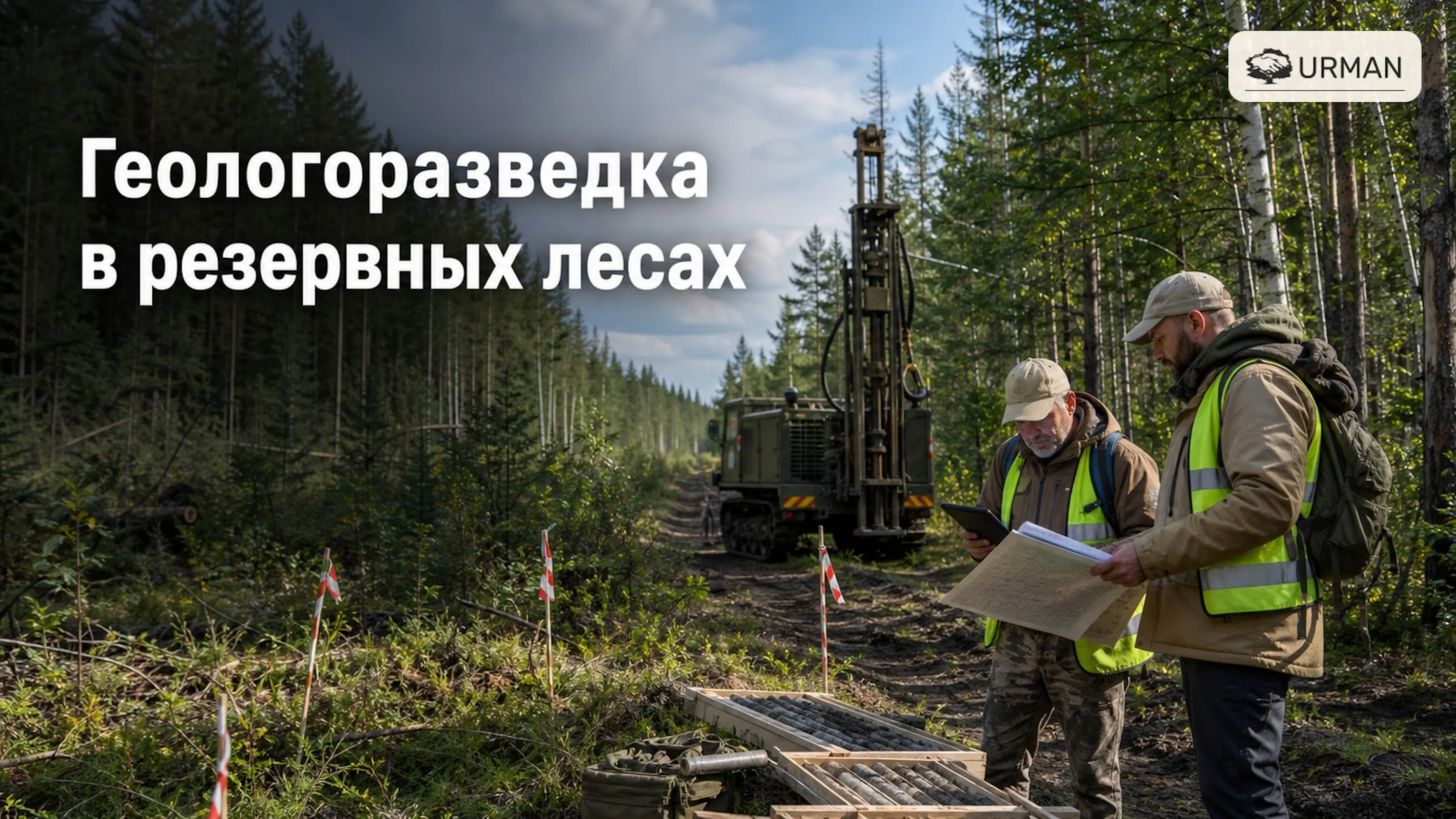 Геологи с картой и буровой установкой на лесной дороге перед работами в резервных лесах