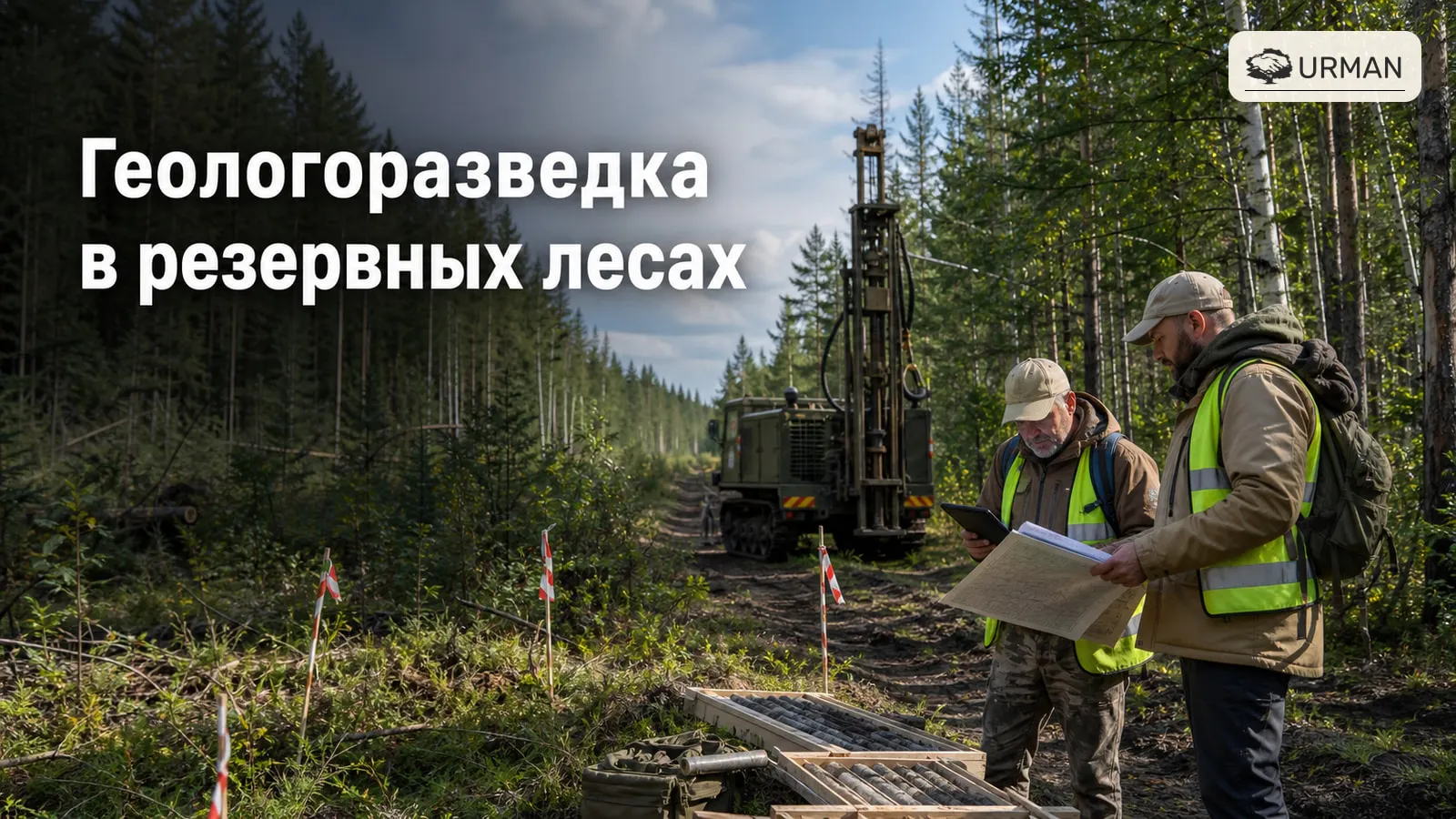 Геологи с картой и буровой установкой на лесной дороге перед работами в резервных лесах