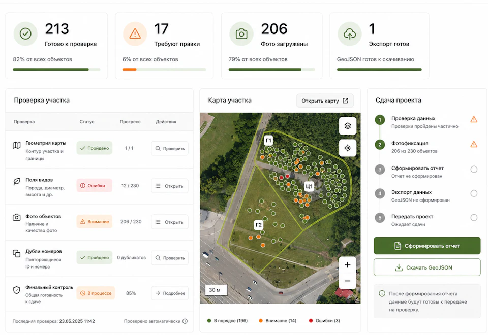 Панель контроля URMAN Green Inventory для проверки участков, отчетов и экспорта